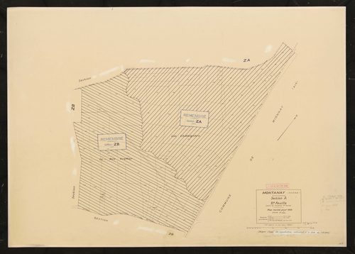 Section A 3e feuille (partie de l'ancienne 1ère feuille). Plan révisé pour 1933. 2e édition à jour pour 1968. Remembrée totalement en section ZA et ZB.