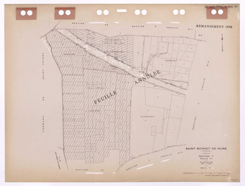 Section F 1ère feuille. Plan révisé pour 1936. 3e édition pour 1980. Feuille annulée remaniement pour 1998 et en partie remembrée en sections ZI et ZK.