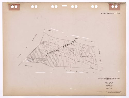 Section E 1ère feuille. Plan révisé pour 1936. 3e édition pour 1980. Feuille annulée remaniement pour 1998 et en partie remembrée en section ZK.