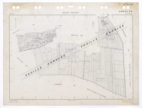 Section BT. Feuille renouvelée pour 1975. 2e édition pour 1979. Feuille annulée, remembrée en sections ZB, ZD et ZE.