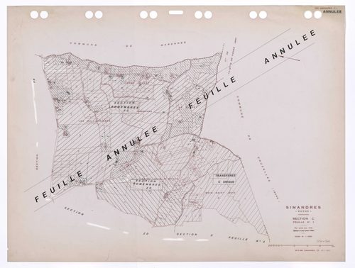Section C feuille n°1. Plan révisé pour 1935. Edition à jour pour 1985. Feuille annulée : section remembrée en sections ZC et ZD et transfert en section C unique.