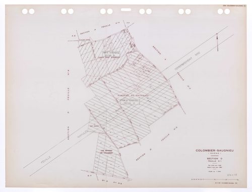 Section D feuille n°1. Plan révisé pour 1936. Edition à jour pour 1985. Feuille annulée suite à remembrement 1990 : incorporé dans les sections ZT et ZV.