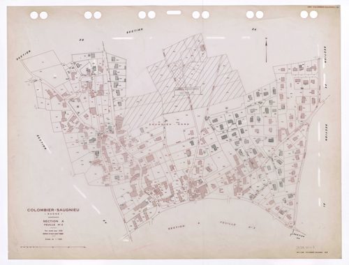 Section A feuille n°2. Plan révisé pour 1936. Edition à jour pour 1985. En partie remembré en section ZE.