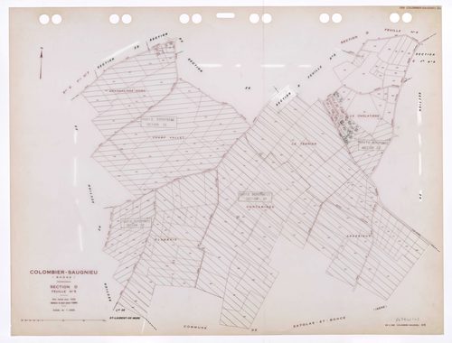 Section D feuille n°5. Plan révisé pour 1936. Edition à jour pour 1985. En partie remembré en sections ZO, ZP, ZR et ZS.