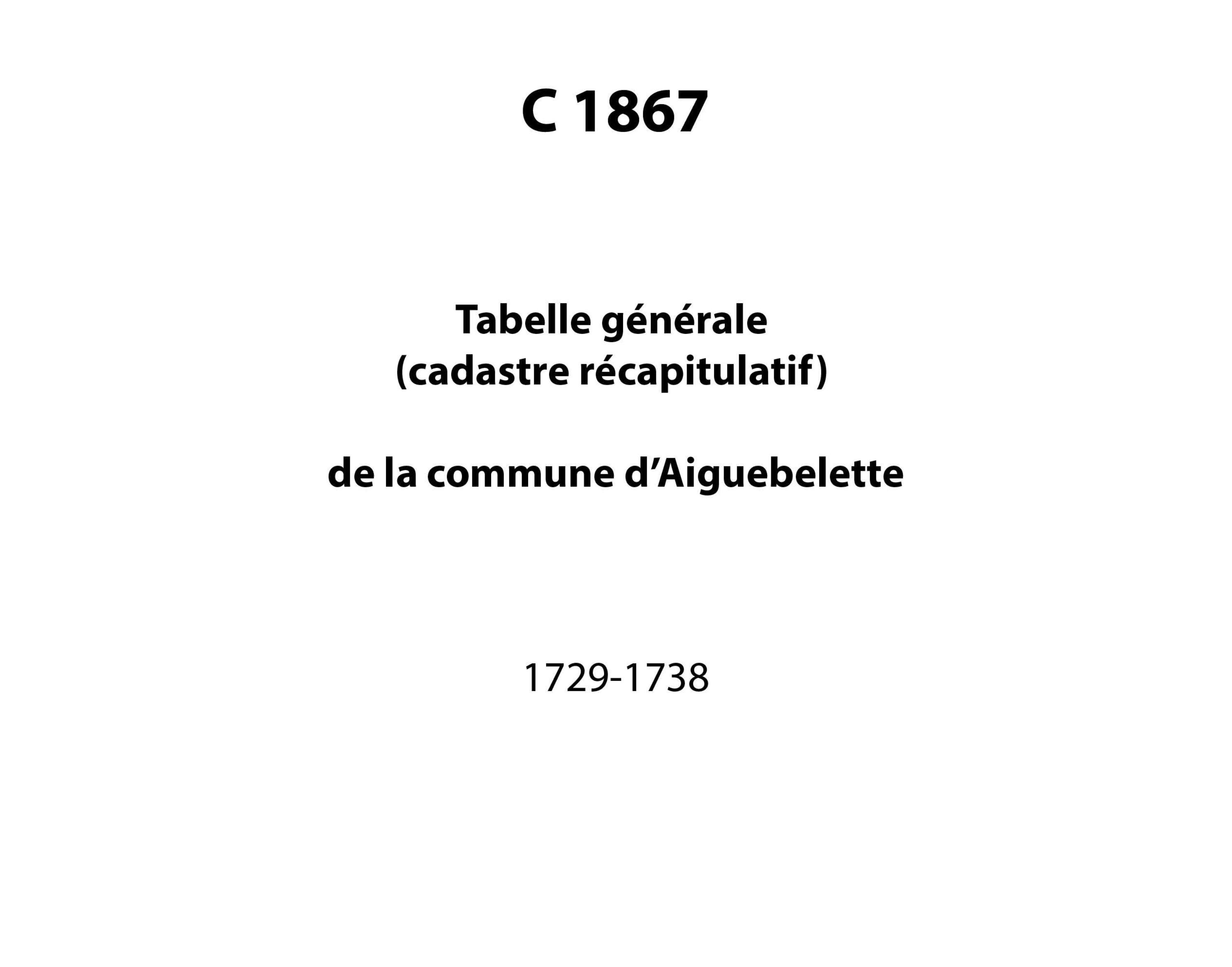 Aiguebelette-le-Lac - Tabelle générale (cadastre récapitulatif) de la commune d'Aiguebelette, comprenant 16 colonnes dans lesquelles sont inscrits les noms de tous les propriétaires, par ordre alphabétique ; le numéro cadastral de chacune des parcelles qu
