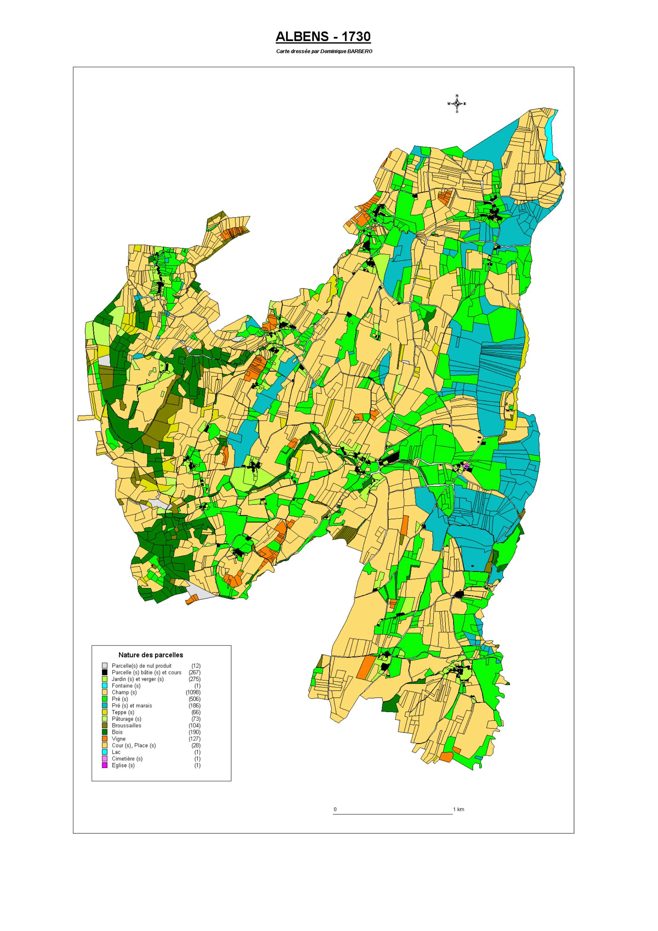 Aiguebelette-le-Lac - ATLAS du cadastre sarde (mappe) : 73010A Albens. Carte générale par nature de culture et degré de bonté, cartes pour les principaux propriétaires ; relevés des parcelles par numéro et par propriétaire selon le dépouillement des regis