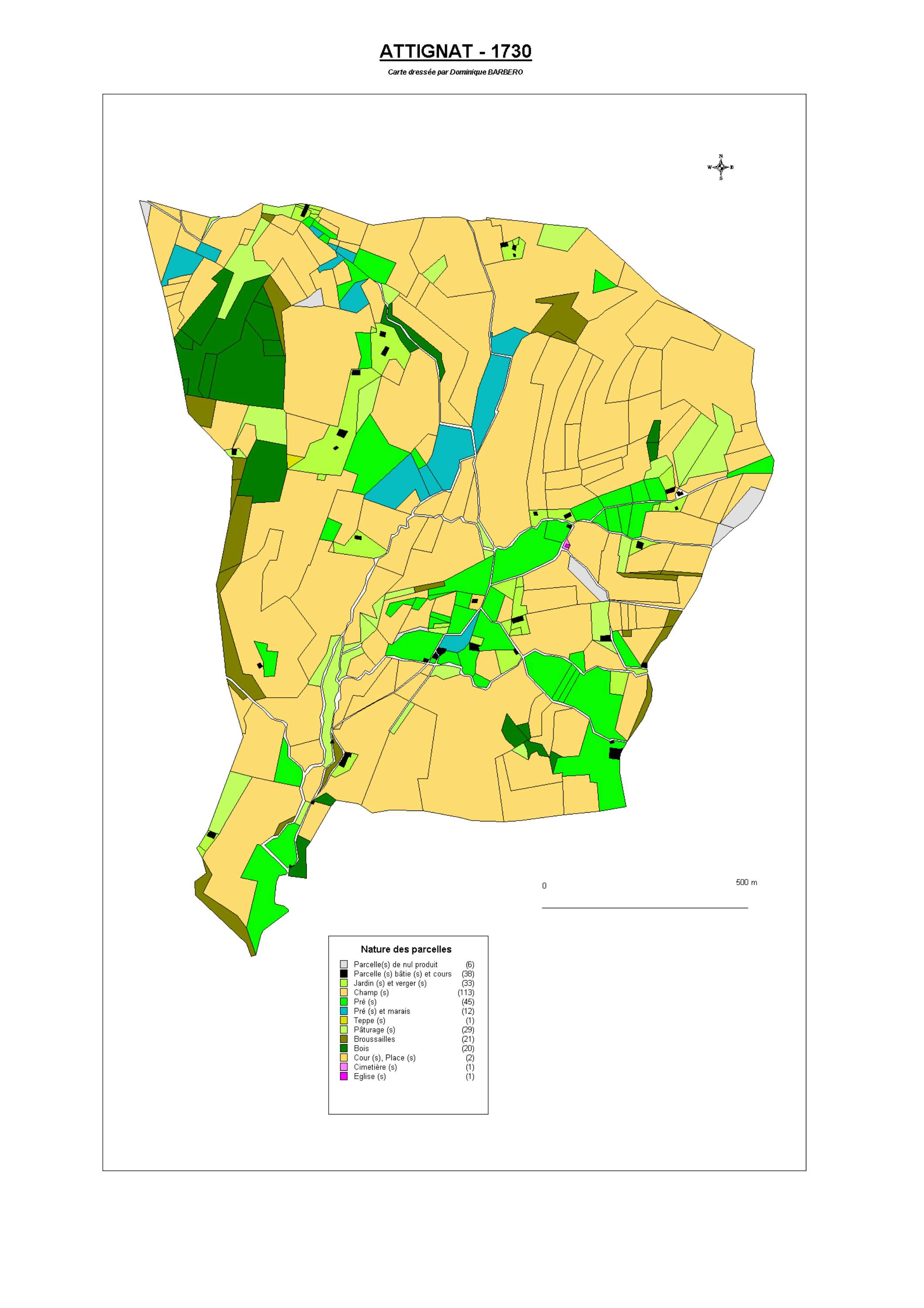 Aiguebelette-le-Lac - ATLAS du cadastre sarde (mappe) : 73022B Attignat. Carte générale par nature de culture et degré de bonté, cartes pour les principaux propriétaires ; relevés des parcelles par numéro et par propriétaire selon le dépouillement des reg