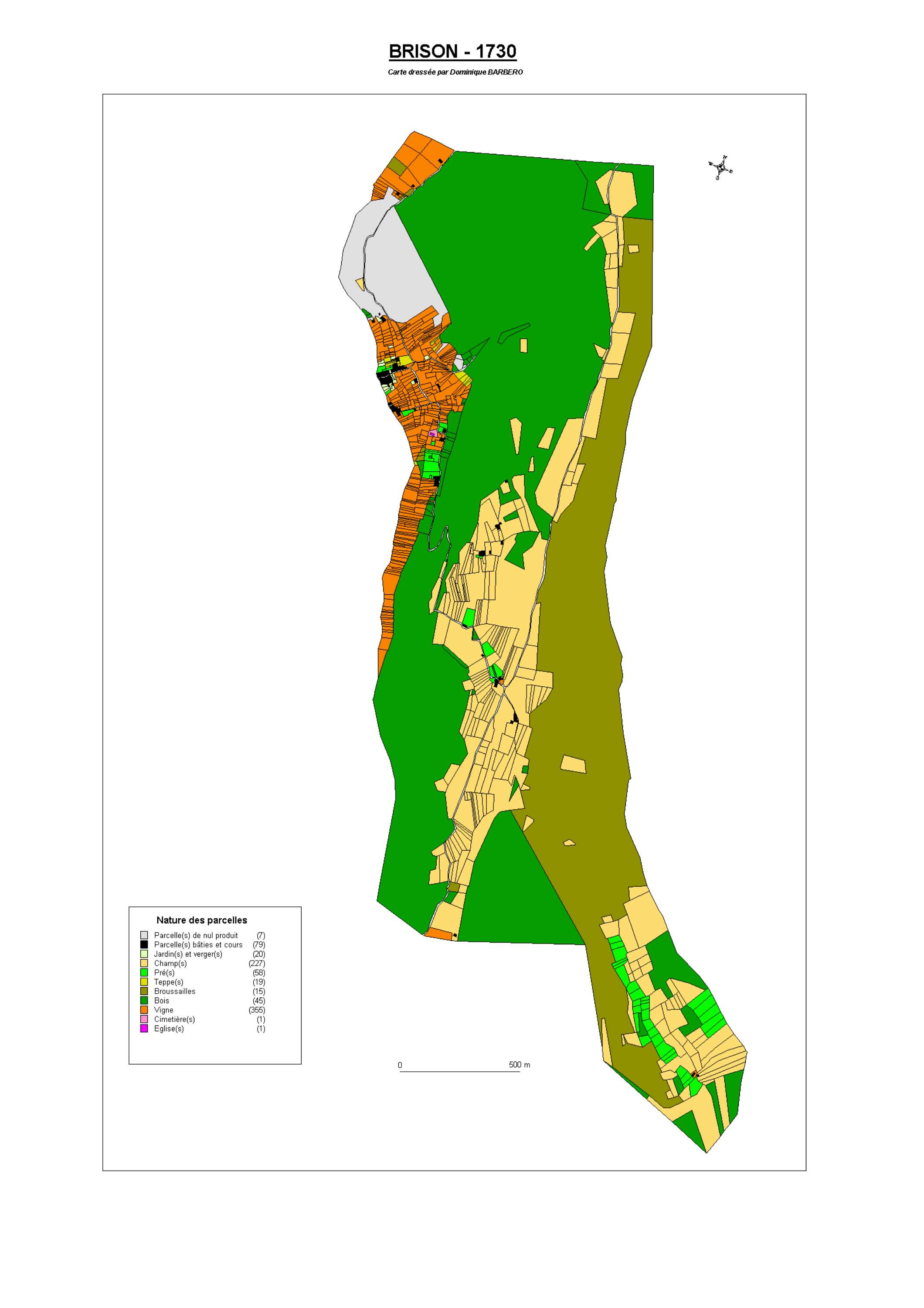 Aiguebelette-le-Lac - ATLAS du cadastre sarde (mappe) : 73059B Brison. Carte générale par nature de culture et degré de bonté, cartes pour les principaux propriétaires ; relevés des parcelles par numéro et par propriétaire selon le dépouillement des regis