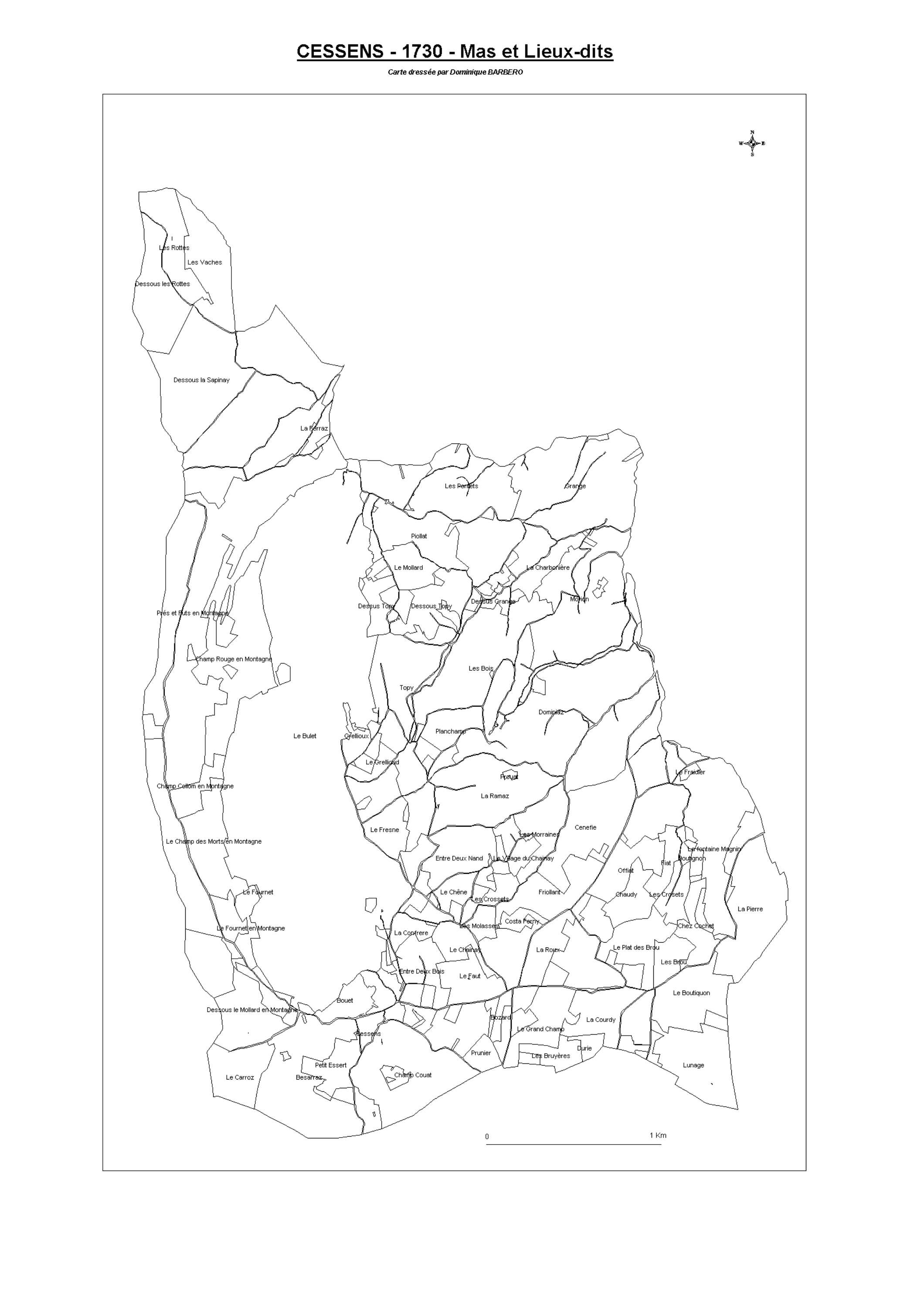 Aiguebelette-le-Lac - ATLAS du cadastre sarde (mappe) : 73062 Cessens. Carte générale par nature de culture et degré de bonté, cartes pour les principaux propriétaires ; relevés des parcelles par numéro et par propriétaire selon le dépouillement des regis