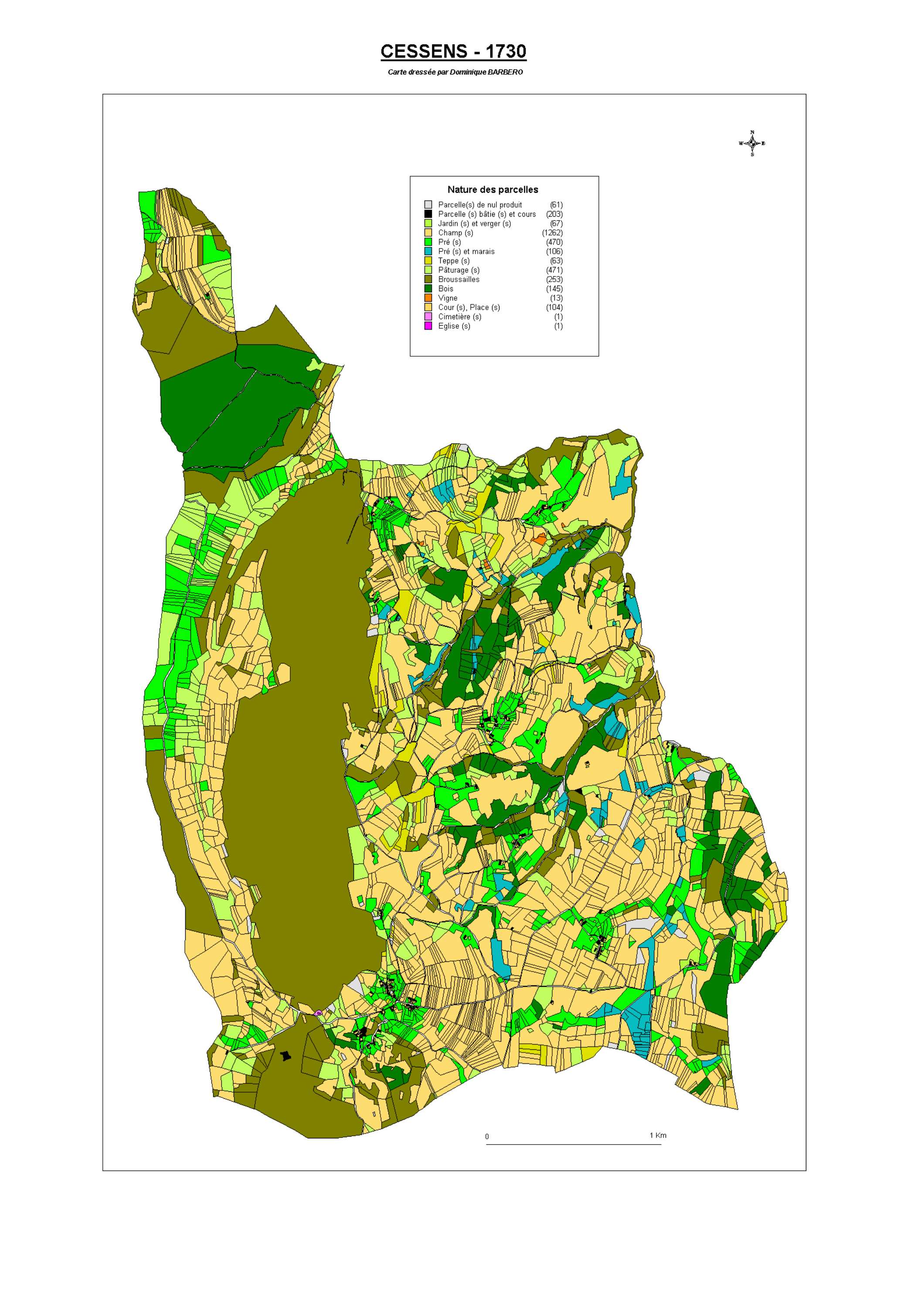Aiguebelette-le-Lac - ATLAS du cadastre sarde (mappe) : 73062 Cessens. Carte générale par nature de culture et degré de bonté, cartes pour les principaux propriétaires ; relevés des parcelles par numéro et par propriétaire selon le dépouillement des regis