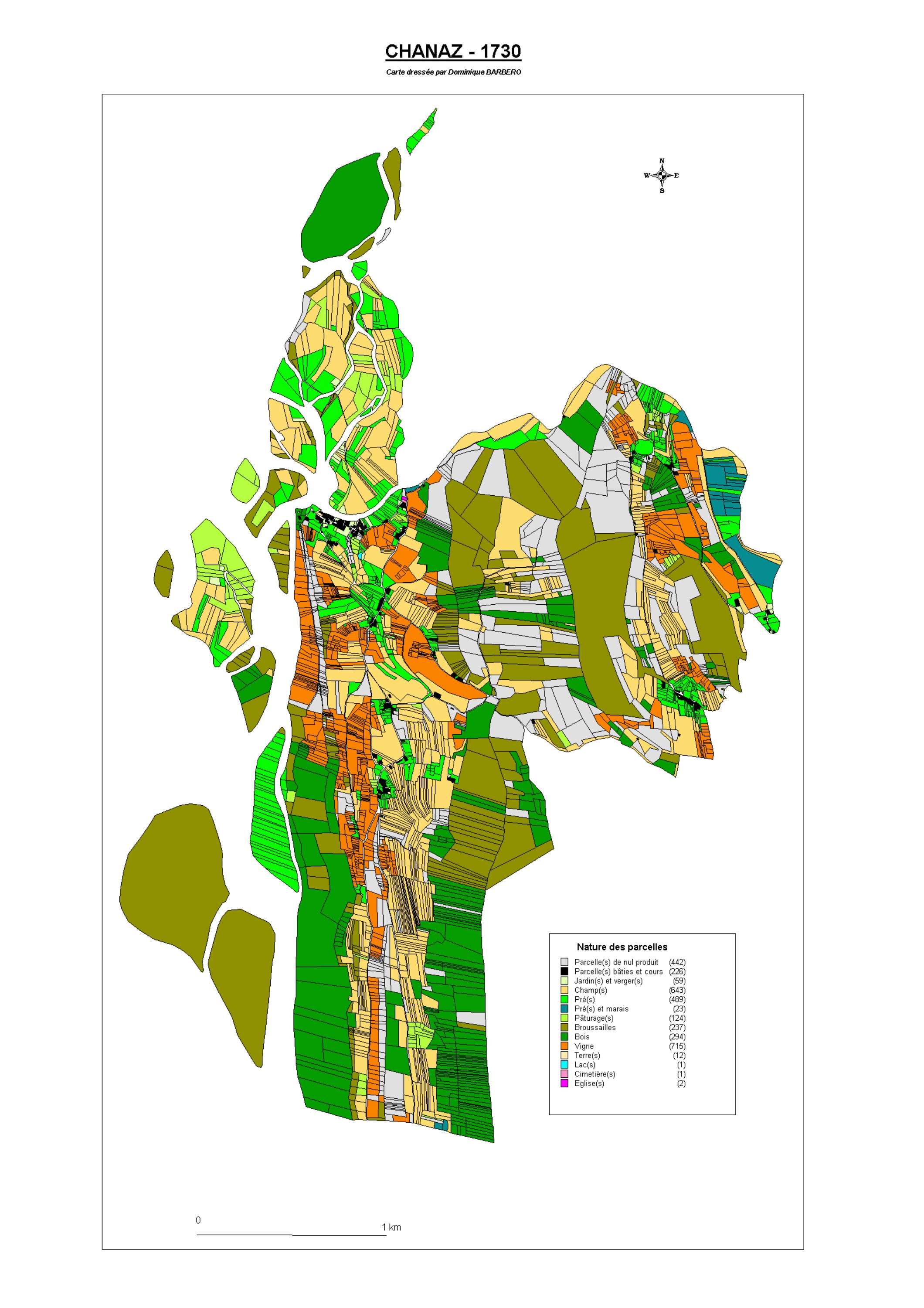 Aiguebelette-le-Lac - ATLAS du cadastre sarde (mappe) : 73073 Chanaz. Carte générale par nature de culture et degré de bonté, cartes pour les principaux propriétaires ; relevés des parcelles par numéro et par propriétaire selon le dépouillement des regist
