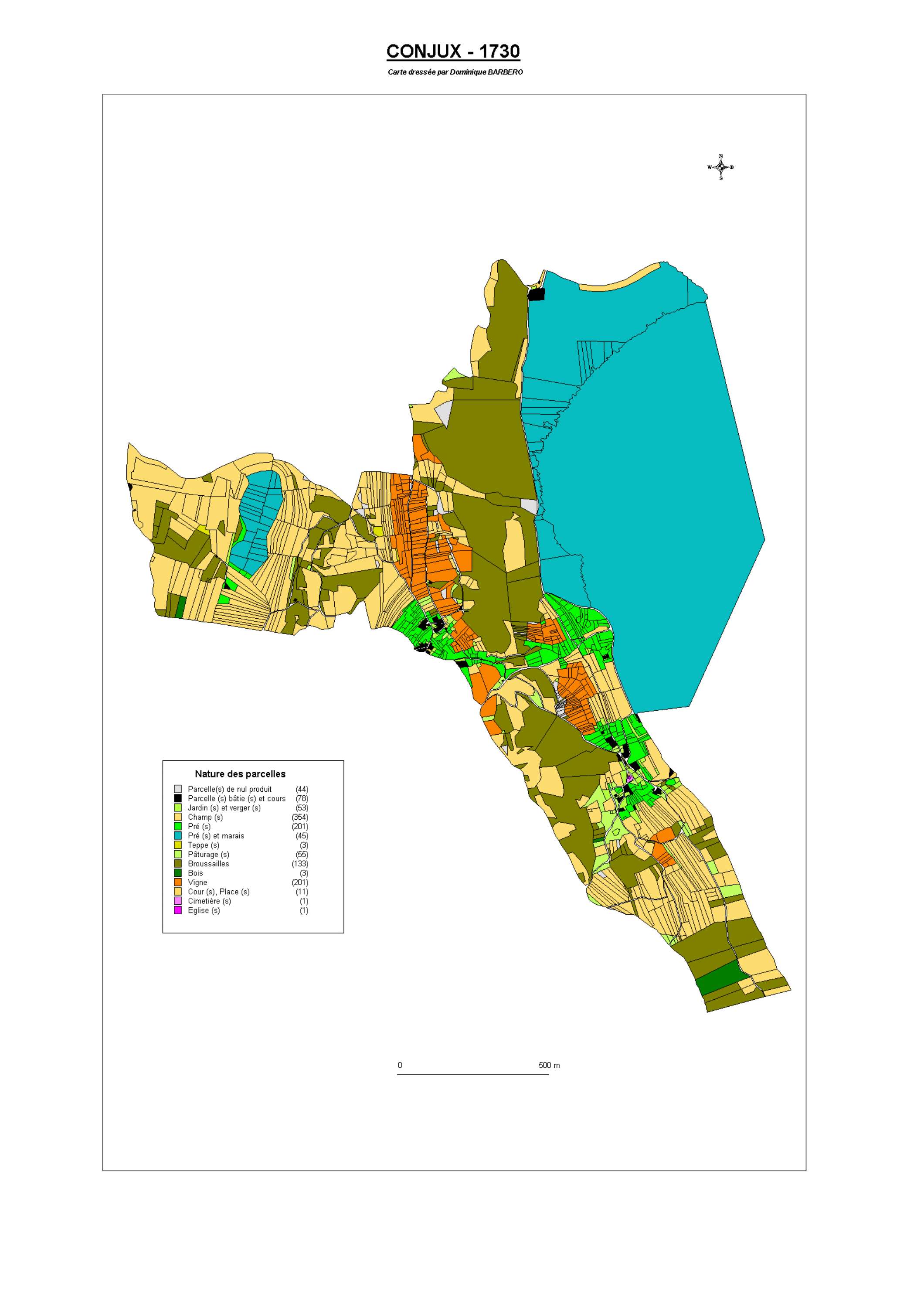 Aiguebelette-le-Lac - ATLAS du cadastre sarde (mappe) : 73091 Conjux. Carte générale par nature de culture et degré de bonté, cartes pour les principaux propriétaires ; relevés des parcelles par numéro et par propriétaire selon le dépouillement des regist