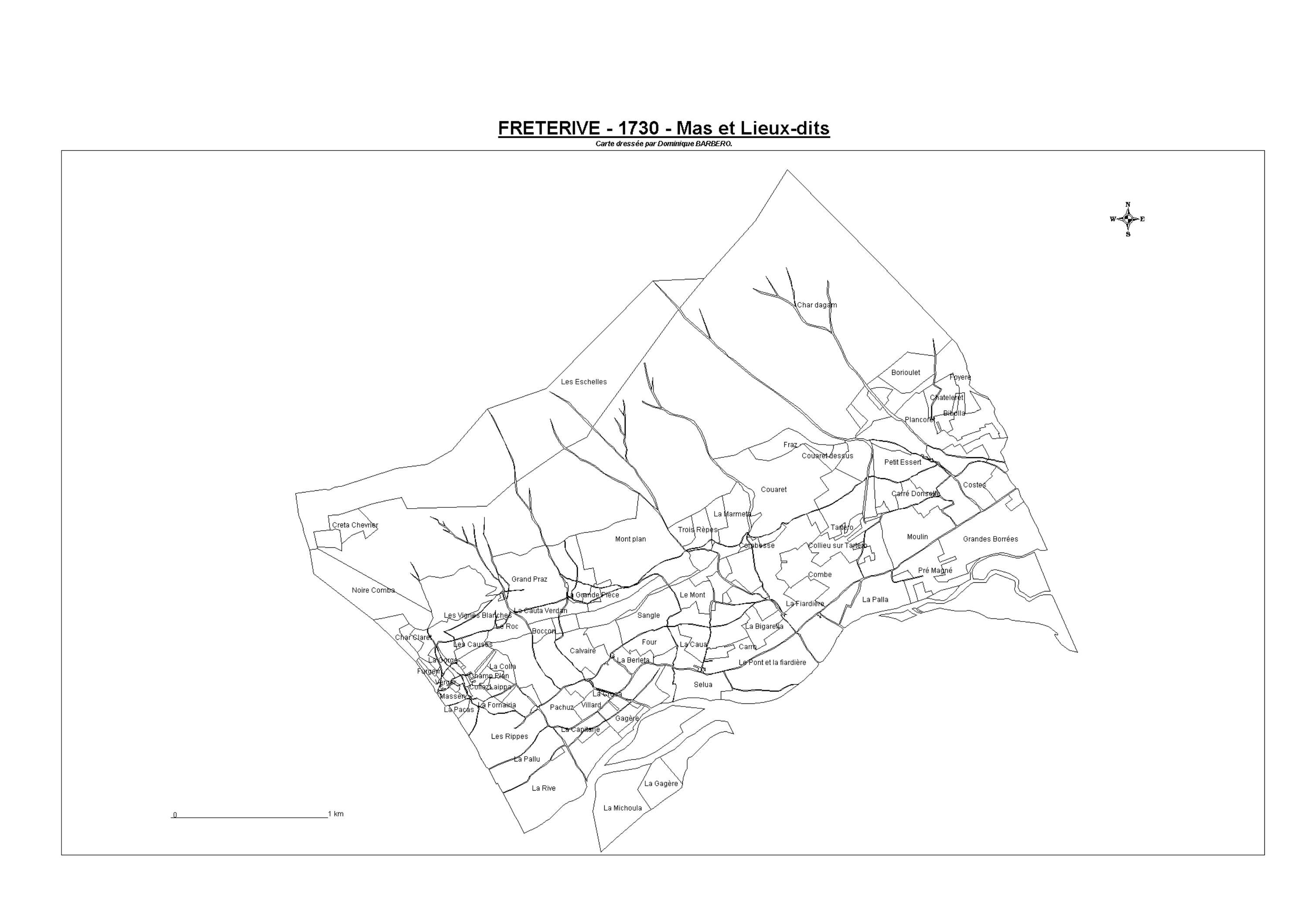 Aiguebelette-le-Lac - ATLAS du cadastre sarde (mappe) : 73120 Fréterive. Carte générale par nature de culture et degré de bonté, cartes pour les principaux propriétaires ; relevés des parcelles par numéro et par propriétaire selon le dépouillement des reg