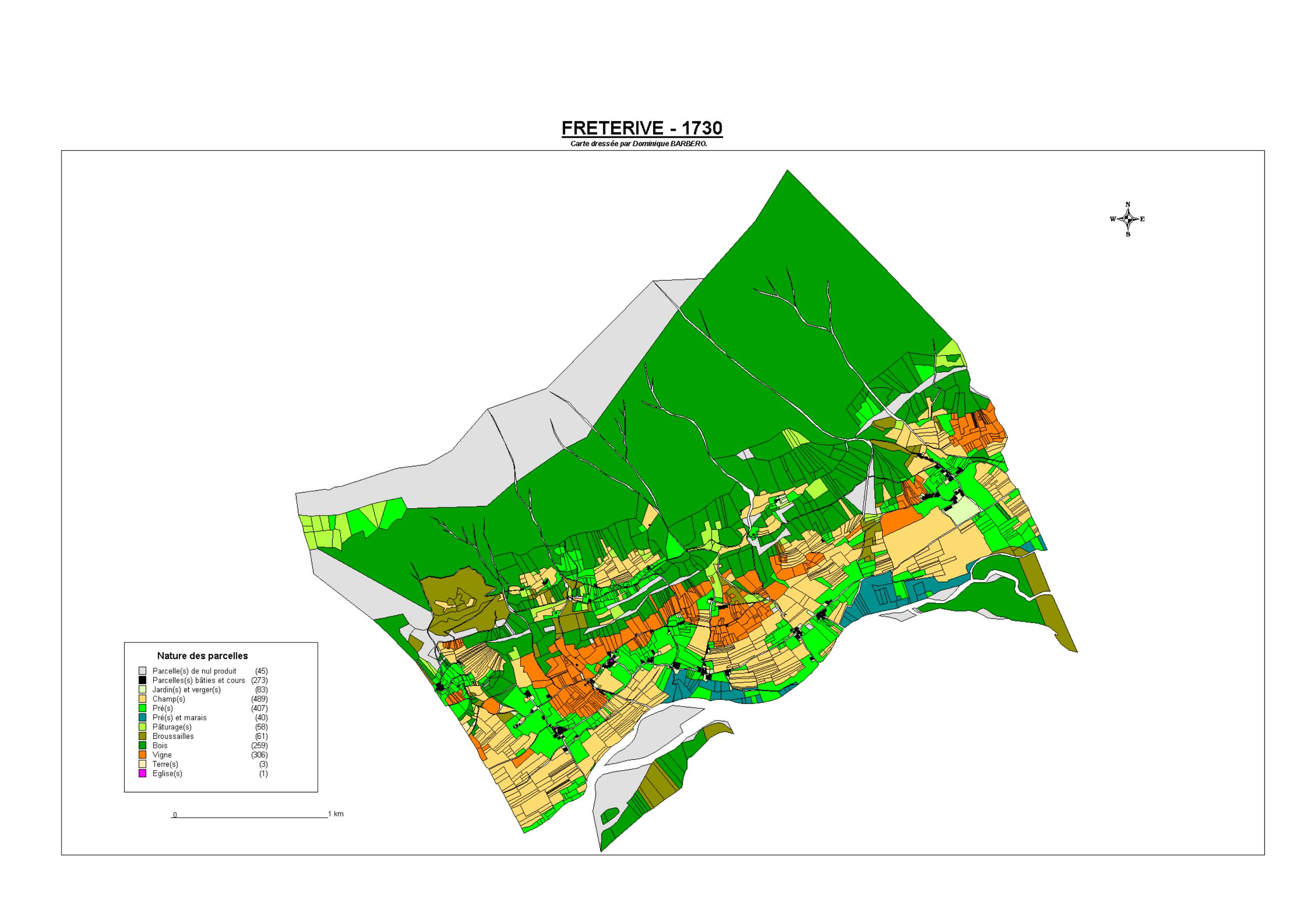 Aiguebelette-le-Lac - ATLAS du cadastre sarde (mappe) : 73120 Fréterive. Carte générale par nature de culture et degré de bonté, cartes pour les principaux propriétaires ; relevés des parcelles par numéro et par propriétaire selon le dépouillement des reg