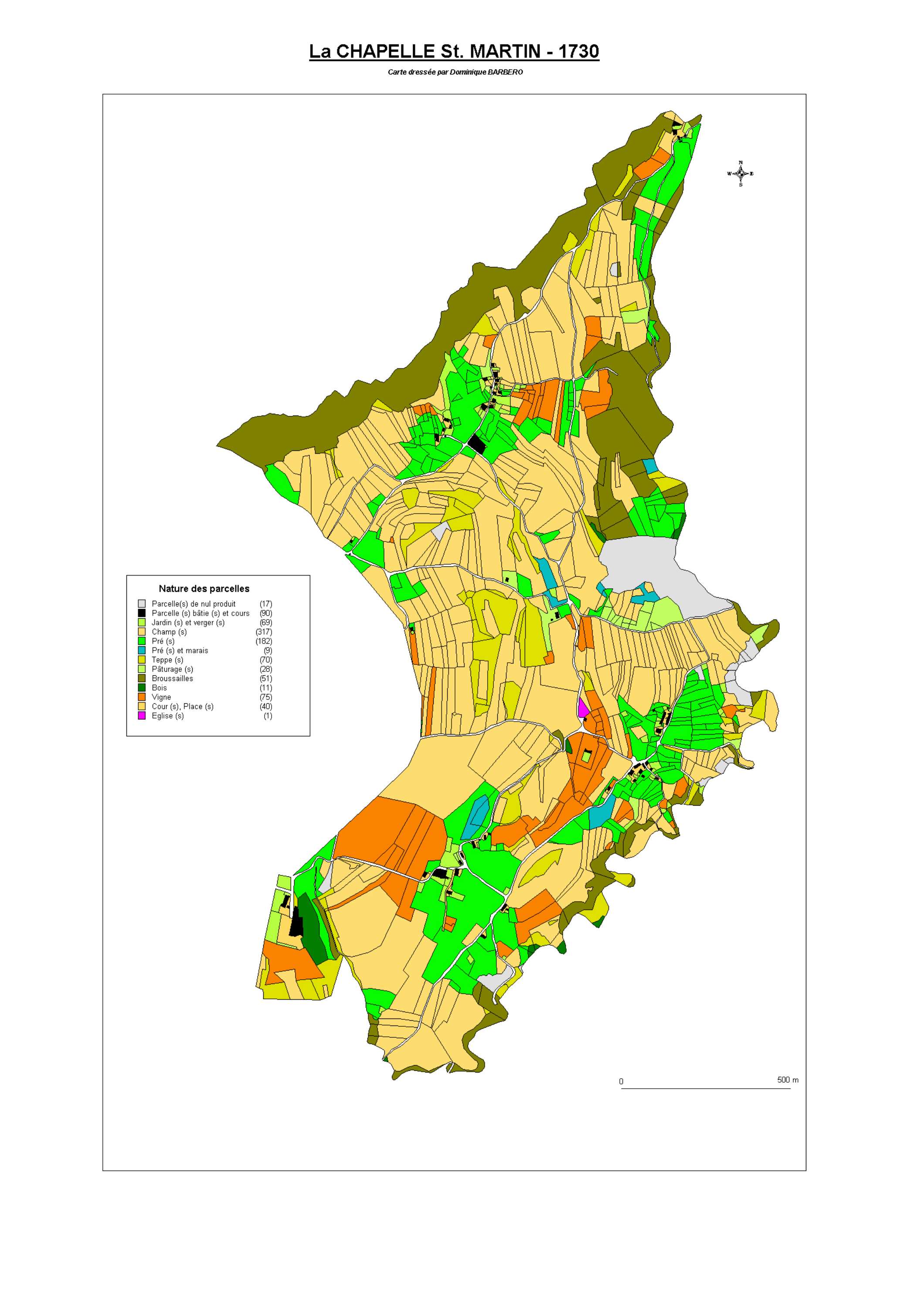 Aiguebelette-le-Lac - ATLAS du cadastre sarde (mappe) : 73078 La Chapelle-Saint-Martin. Carte générale par nature de culture et degré de bonté, cartes pour les principaux propriétaires ; relevés des parcelles par numéro et par propriétaire selon le dépoui