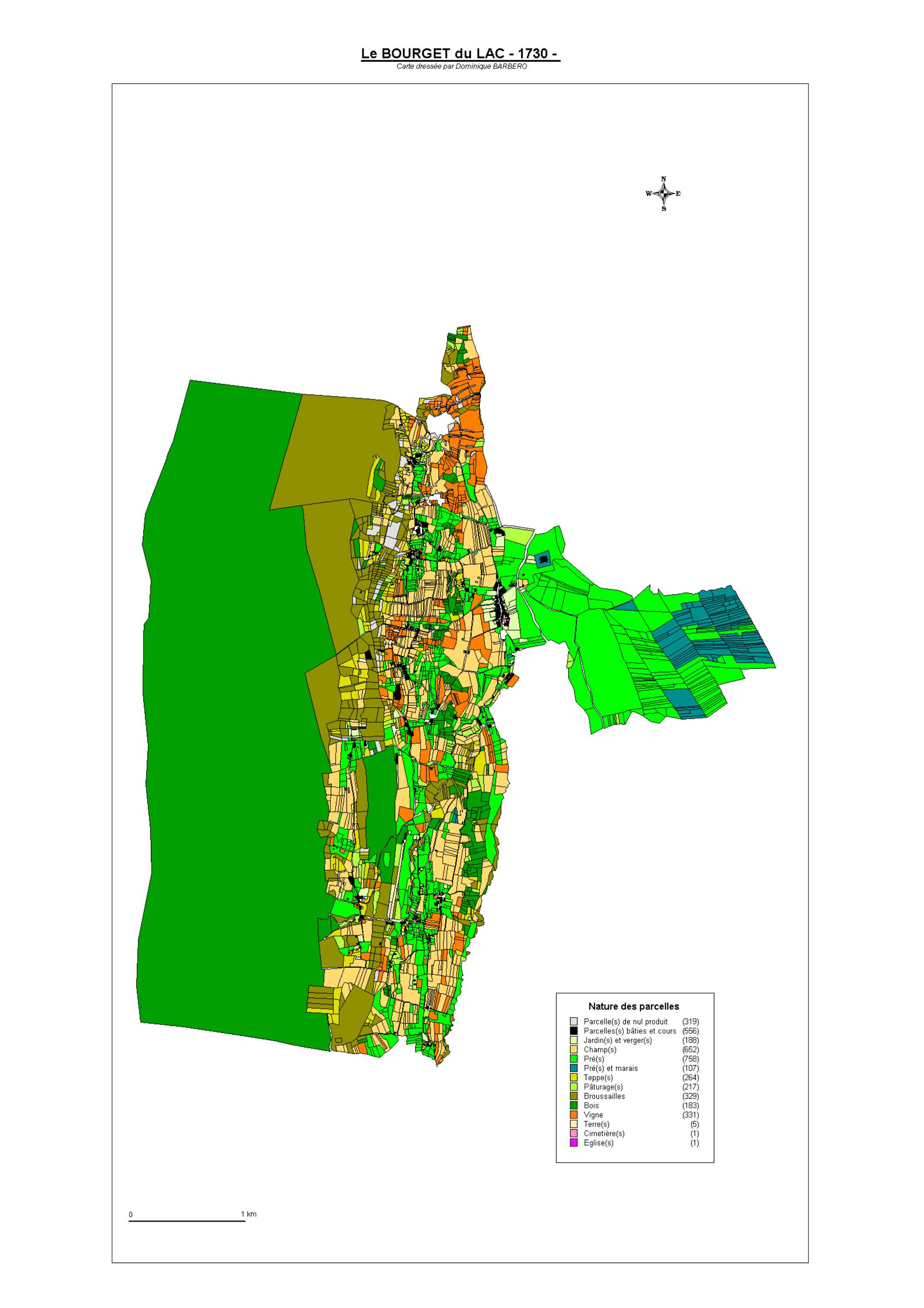 Aiguebelette-le-Lac - ATLAS du cadastre sarde (mappe) : 73051 Le Bourget-du-Lac. Carte générale par nature de culture et degré de bonté, cartes pour les principaux propriétaires ; relevés des parcelles par numéro et par propriétaire selon le dépouillement