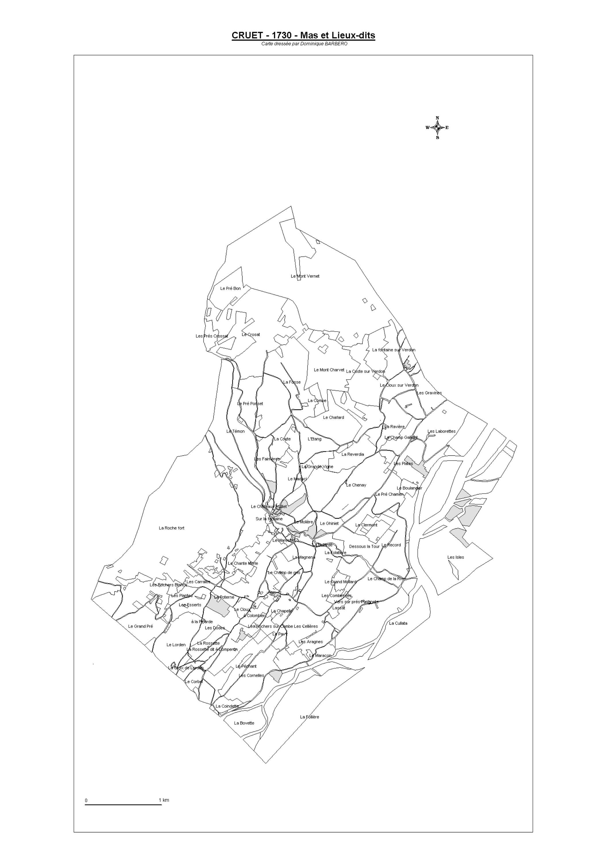 Aiguebelette-le-Lac - ATLAS du cadastre sarde (mappe) : 73096 Cruet. Carte générale par nature de culture et degré de bonté, cartes pour les principaux propriétaires ; relevés des parcelles par numéro et par propriétaire selon le dépouillement des registr