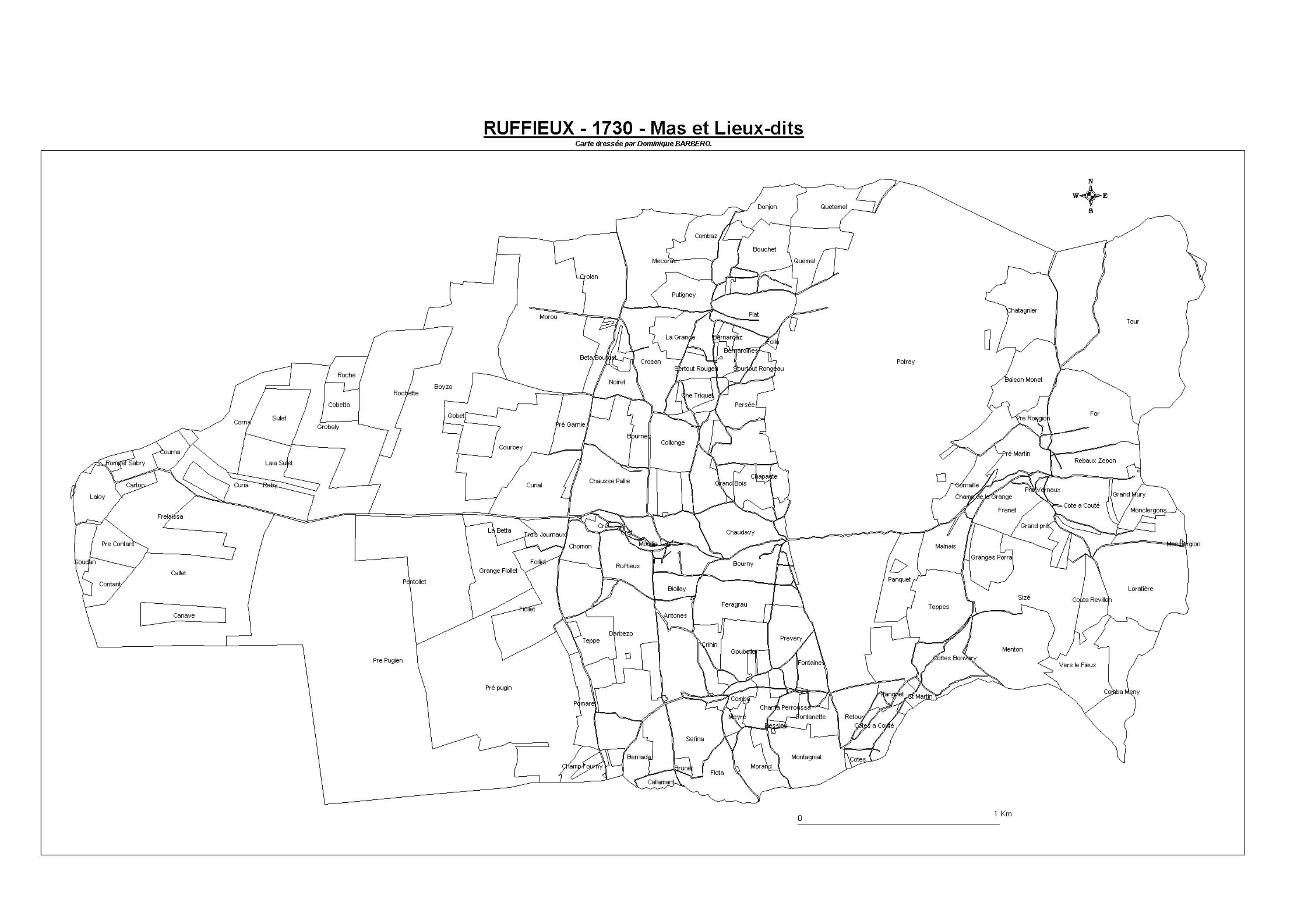 Aiguebelette-le-Lac - ATLAS du cadastre sarde (mappe) : 73218 Ruffieux. Carte générale par nature de culture et degré de bonté, cartes pour les principaux propriétaires ; relevés des parcelles par numéro et par propriétaire selon le dépouillement des regi
