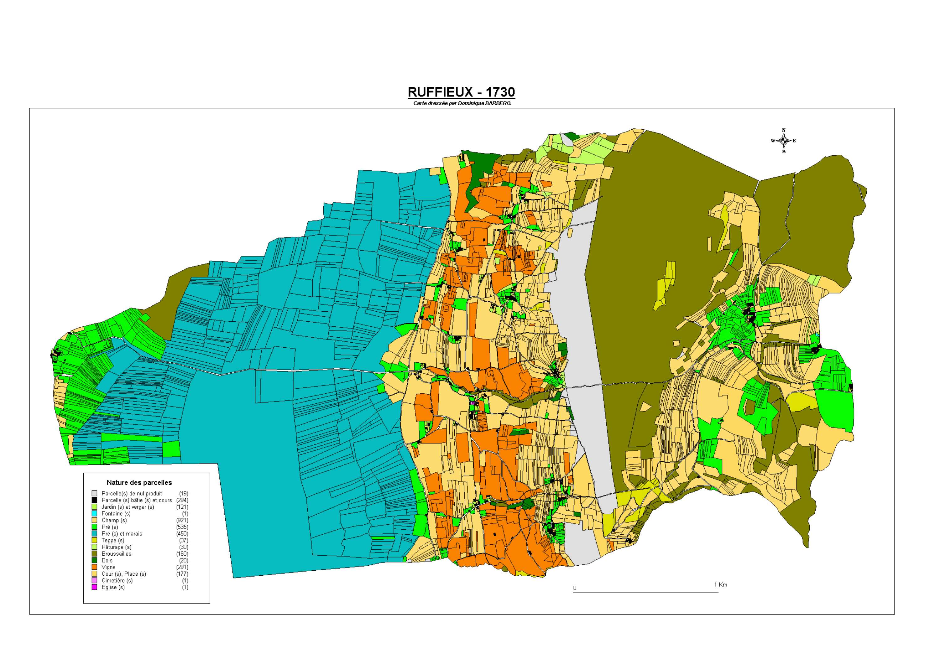 Aiguebelette-le-Lac - ATLAS du cadastre sarde (mappe) : 73218 Ruffieux. Carte générale par nature de culture et degré de bonté, cartes pour les principaux propriétaires ; relevés des parcelles par numéro et par propriétaire selon le dépouillement des regi