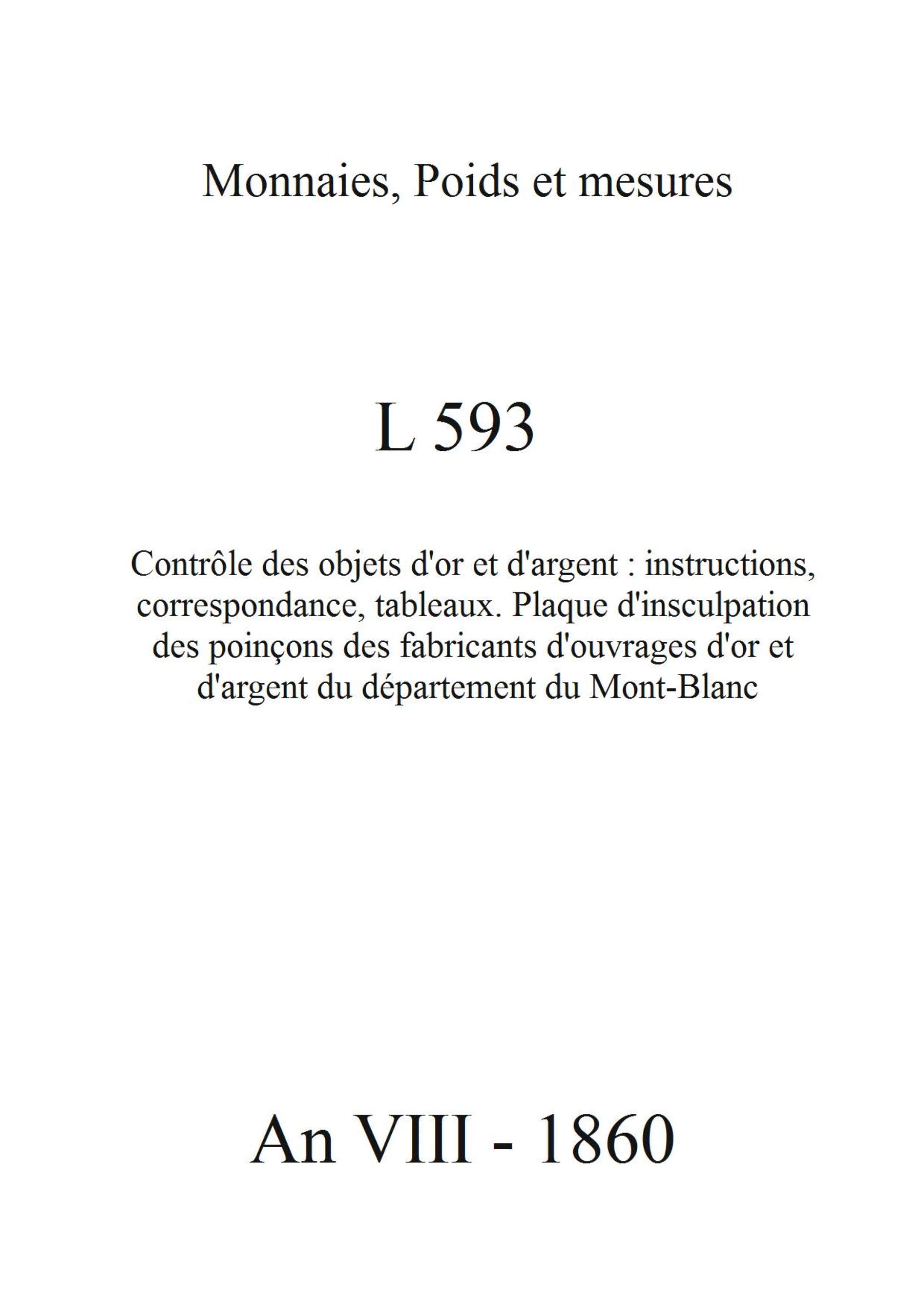 Aiguebelle - Contrôle des objets d'or et d'argent : instructions, correspondance, tableaux.
Plaque d'insculpation des poinçons des fabricants d'ouvrages d'or et d'argent du département du Mont-Blanc. [An VIII-1860]