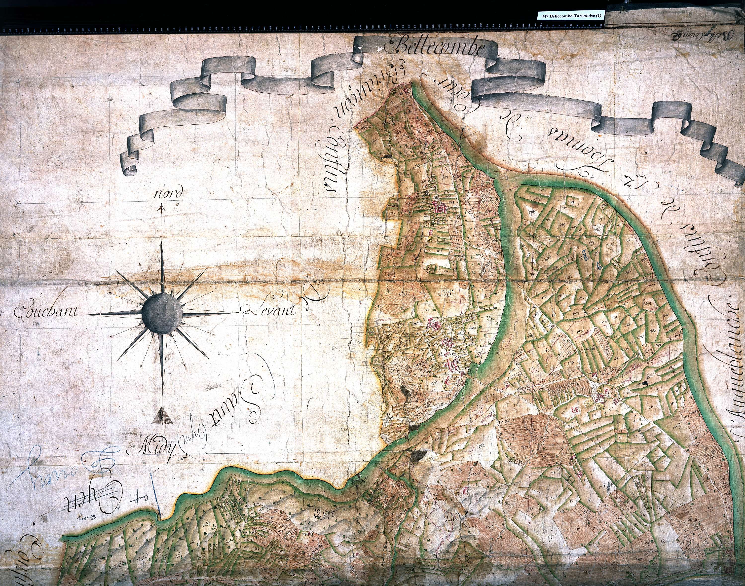 Aigueblanche - Copie de la mappe originale (plan cadastral) de la commune de Bellecombe en Tarentaise. Signée Cocelli, directeur du bureau de la péréquation.