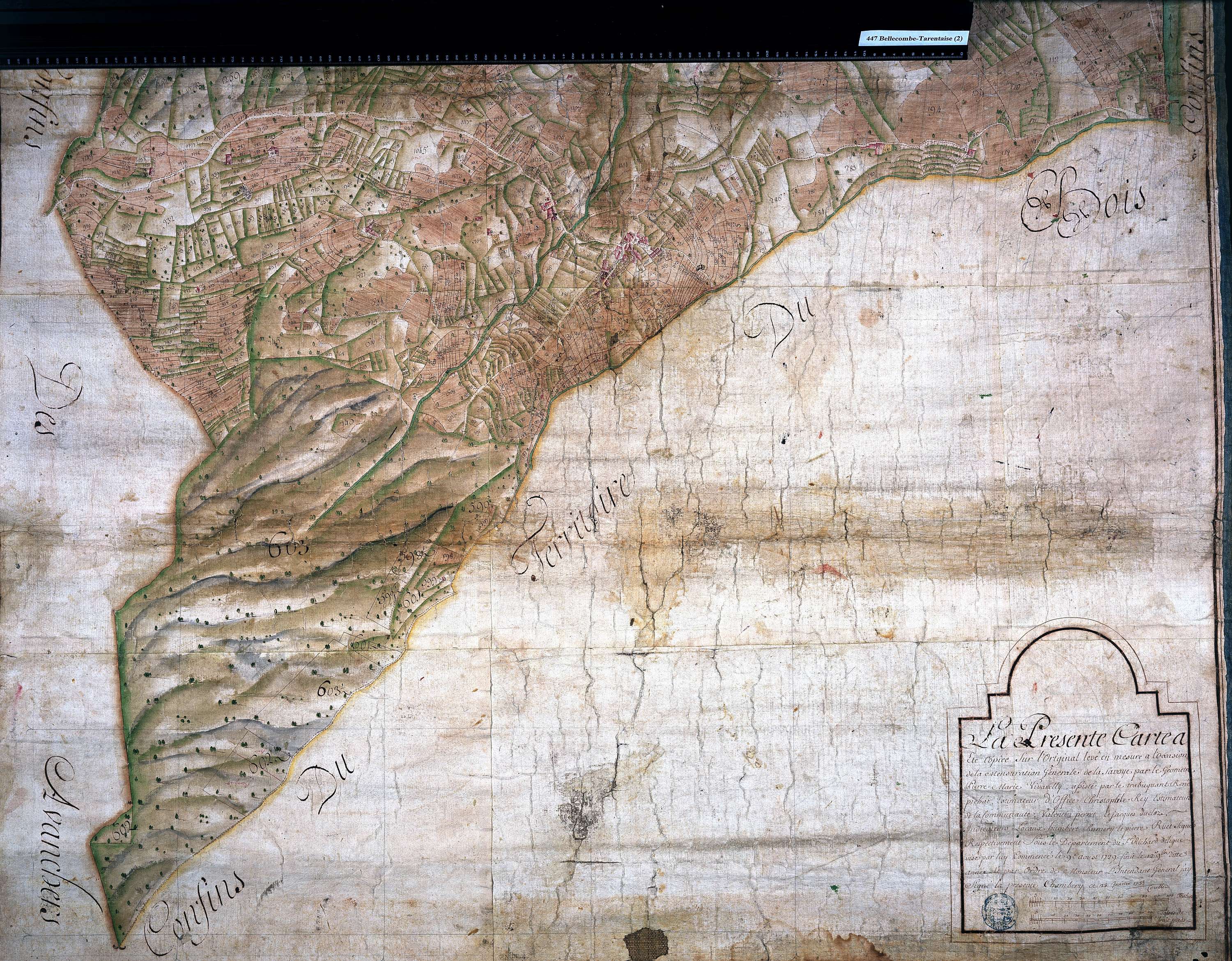 Aigueblanche - Copie de la mappe originale (plan cadastral) de la commune de Bellecombe en Tarentaise. Signée Cocelli, directeur du bureau de la péréquation.