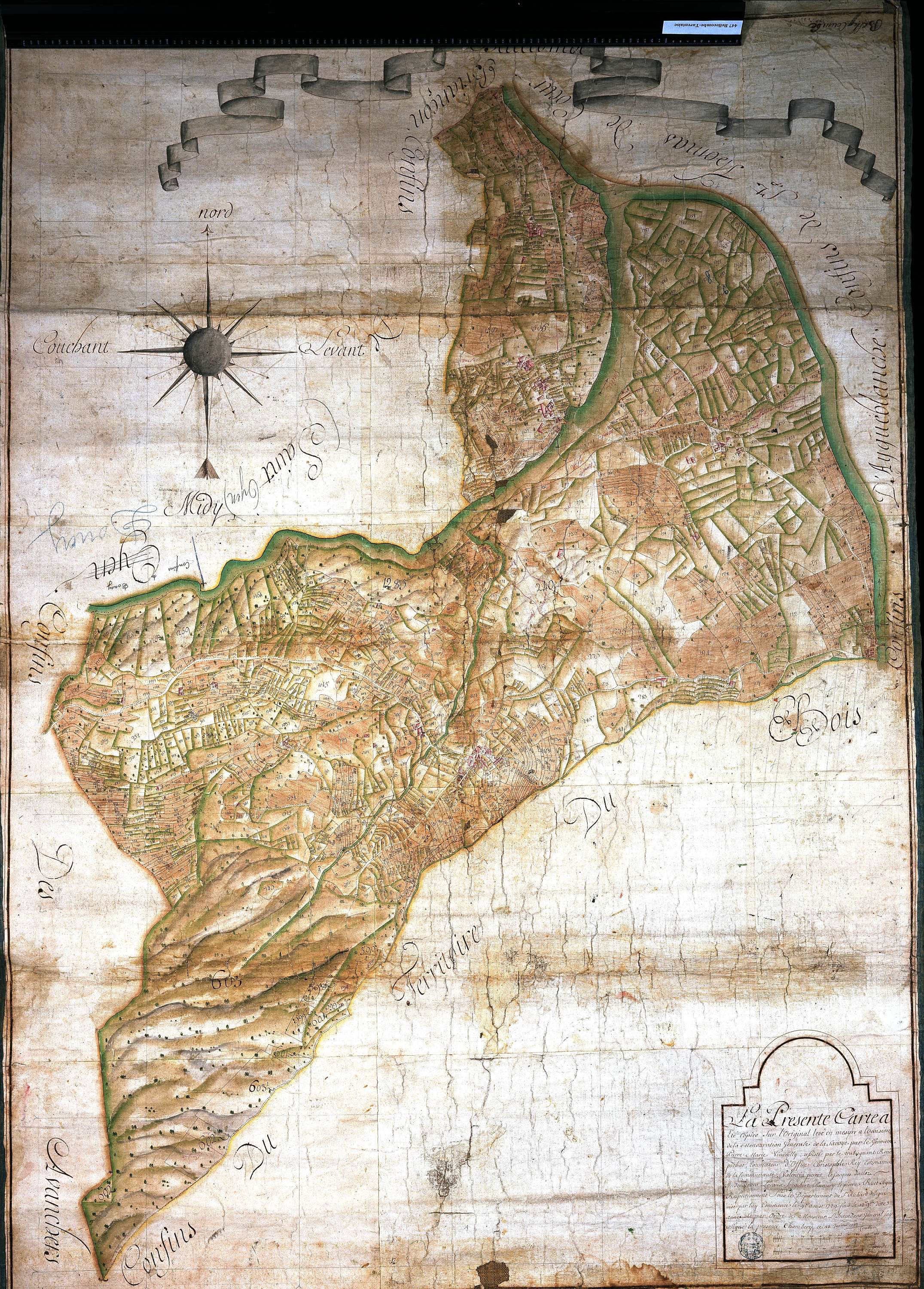 Aigueblanche - Copie de la mappe originale (plan cadastral) de la commune de Bellecombe en Tarentaise. Signée Cocelli, directeur du bureau de la péréquation.