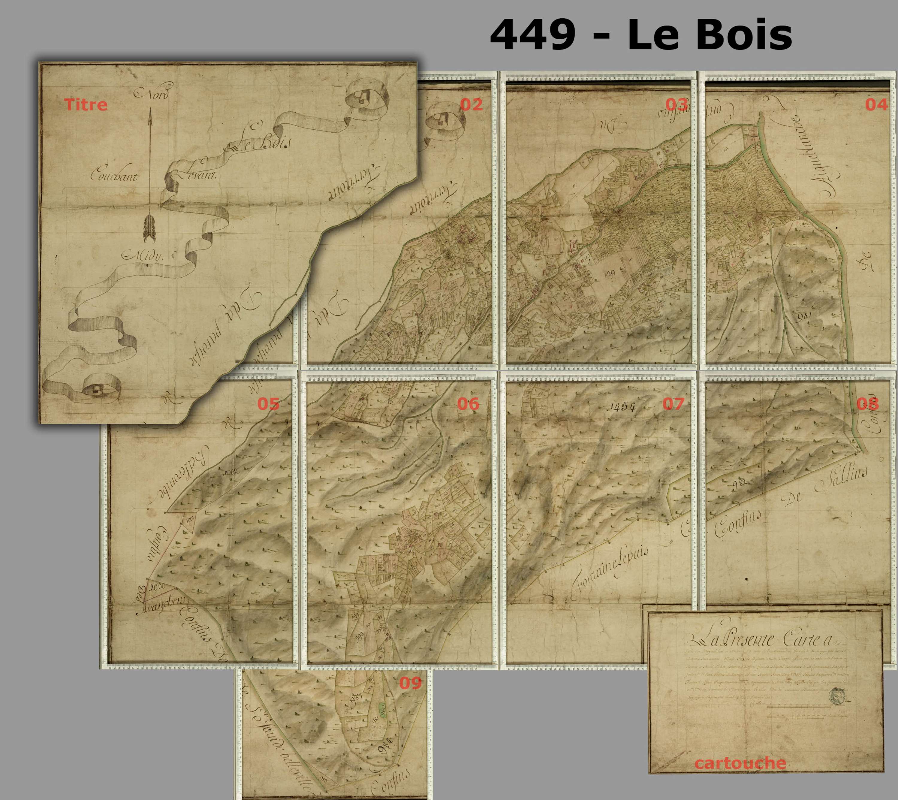 Aigueblanche - Copie de la mappe originale (plan cadastral) de la commune du Bois, dans laquelle sont figurées et numérotées les 1465 parcelles qui composent le territoire de la commune. Signée Cocelli, directeur du bureau de la péréquation. (La mappe ori
