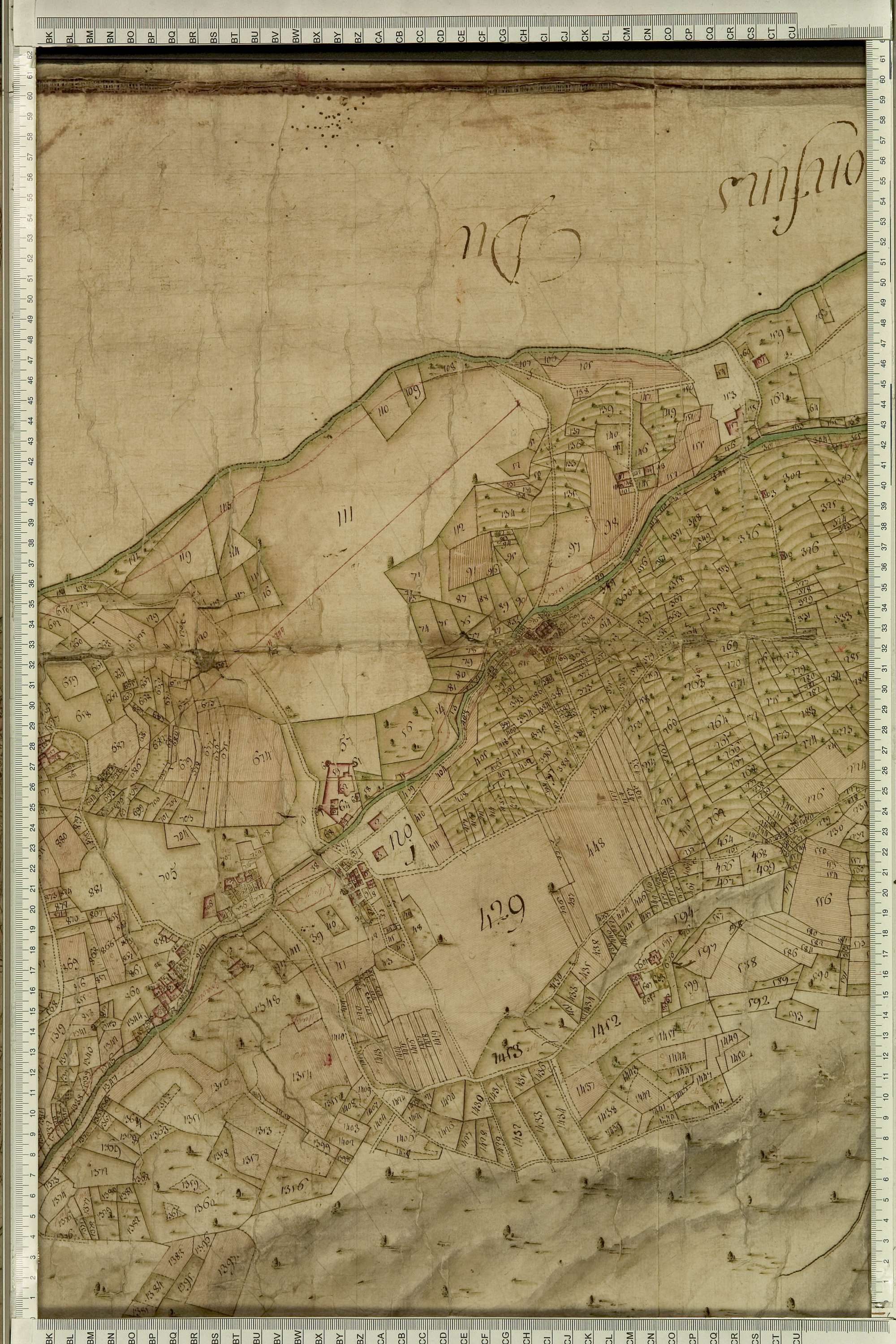 Aigueblanche - Copie de la mappe originale (plan cadastral) de la commune du Bois, dans laquelle sont figurées et numérotées les 1465 parcelles qui composent le territoire de la commune. Signée Cocelli, directeur du bureau de la péréquation. (La mappe ori
