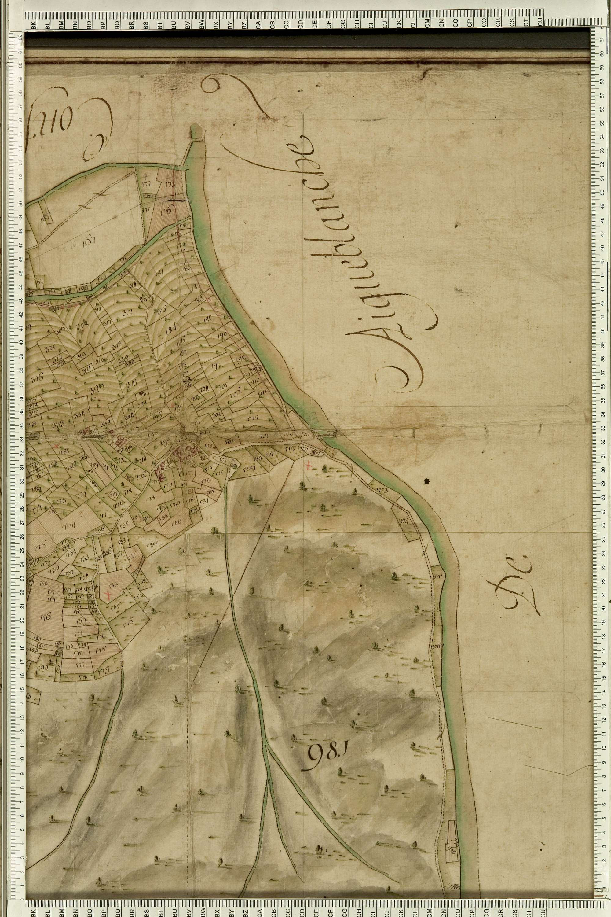 Aigueblanche - Copie de la mappe originale (plan cadastral) de la commune du Bois, dans laquelle sont figurées et numérotées les 1465 parcelles qui composent le territoire de la commune. Signée Cocelli, directeur du bureau de la péréquation. (La mappe ori