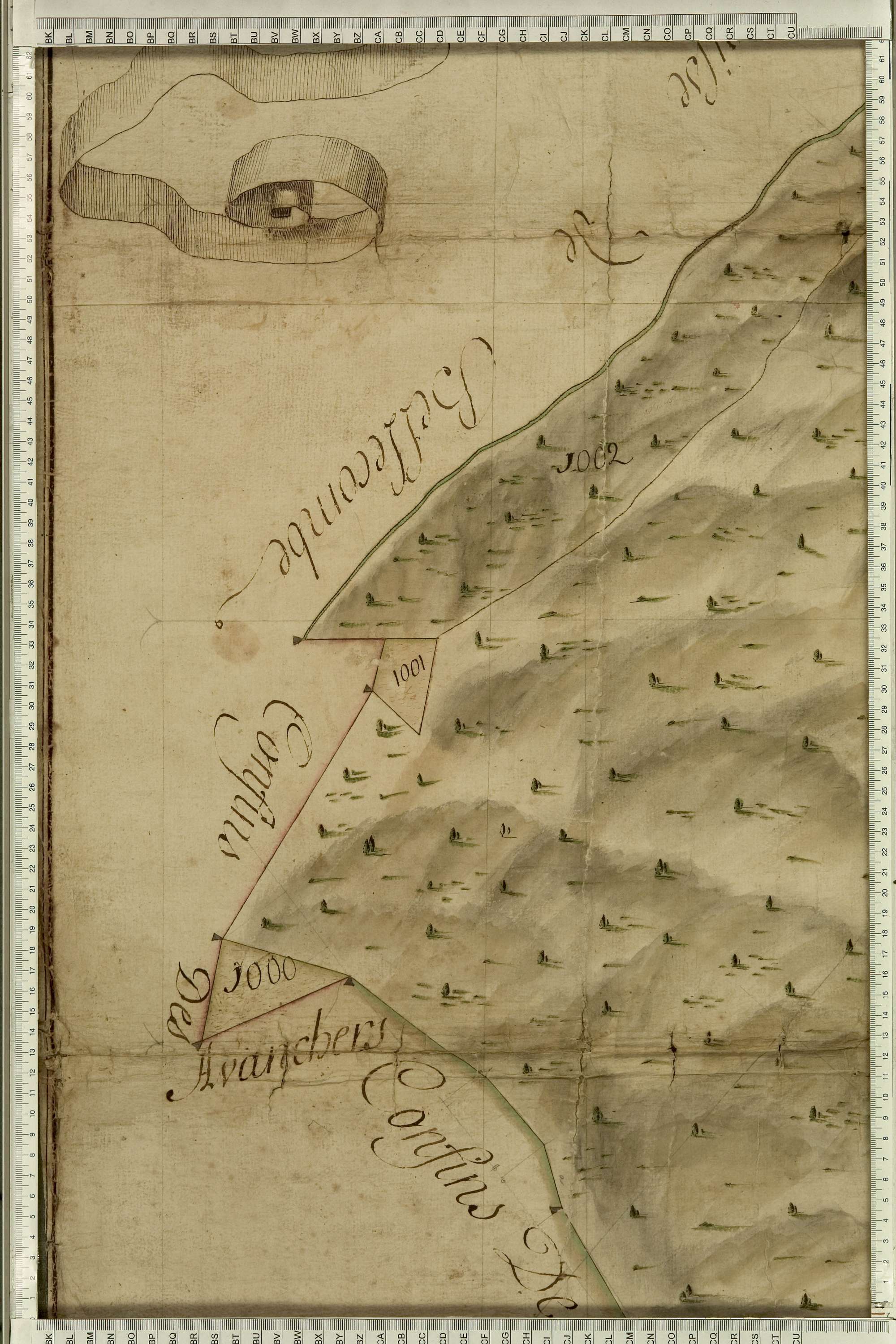 Aigueblanche - Copie de la mappe originale (plan cadastral) de la commune du Bois, dans laquelle sont figurées et numérotées les 1465 parcelles qui composent le territoire de la commune. Signée Cocelli, directeur du bureau de la péréquation. (La mappe ori