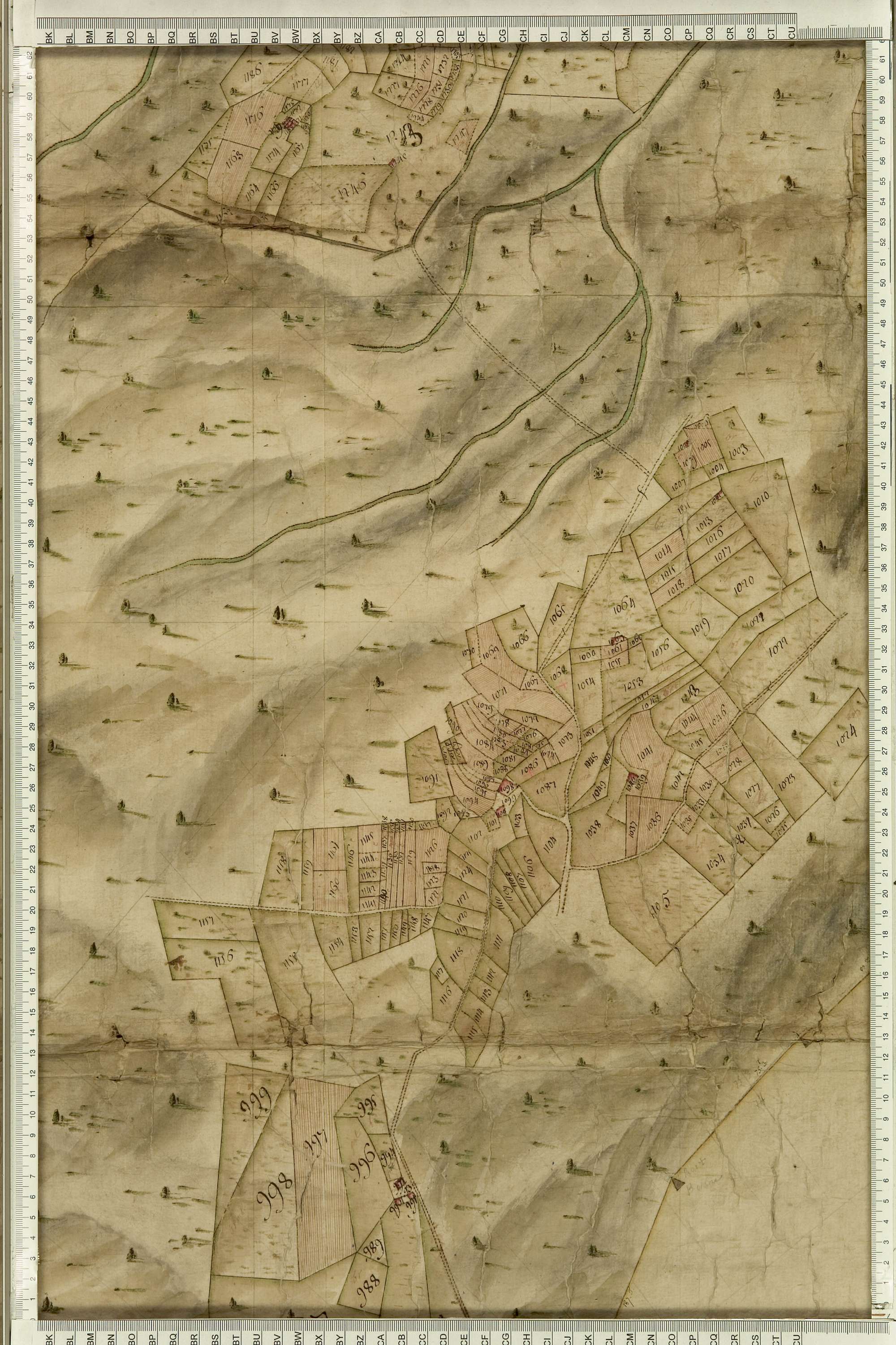 Aigueblanche - Copie de la mappe originale (plan cadastral) de la commune du Bois, dans laquelle sont figurées et numérotées les 1465 parcelles qui composent le territoire de la commune. Signée Cocelli, directeur du bureau de la péréquation. (La mappe ori