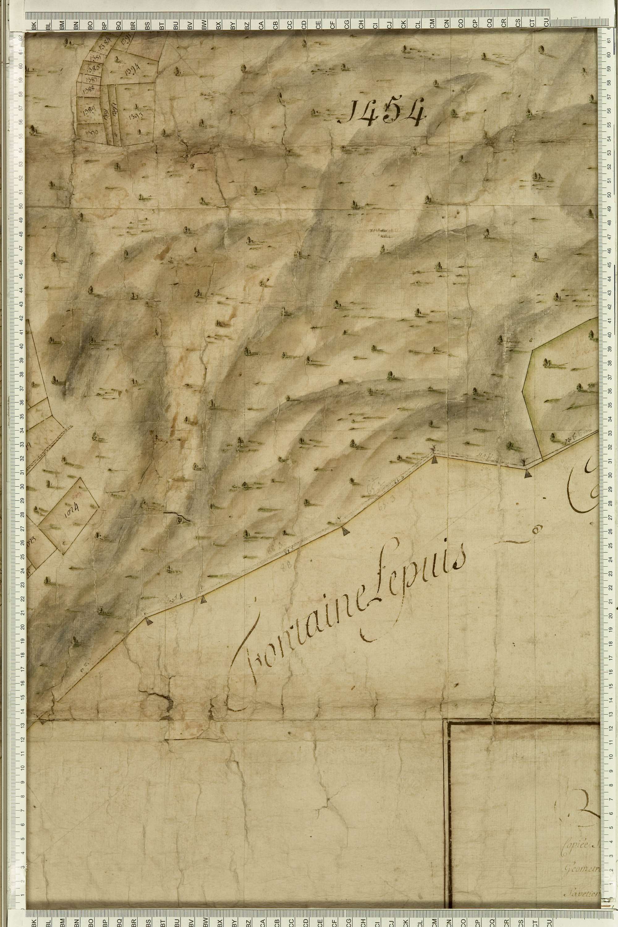 Aigueblanche - Copie de la mappe originale (plan cadastral) de la commune du Bois, dans laquelle sont figurées et numérotées les 1465 parcelles qui composent le territoire de la commune. Signée Cocelli, directeur du bureau de la péréquation. (La mappe ori