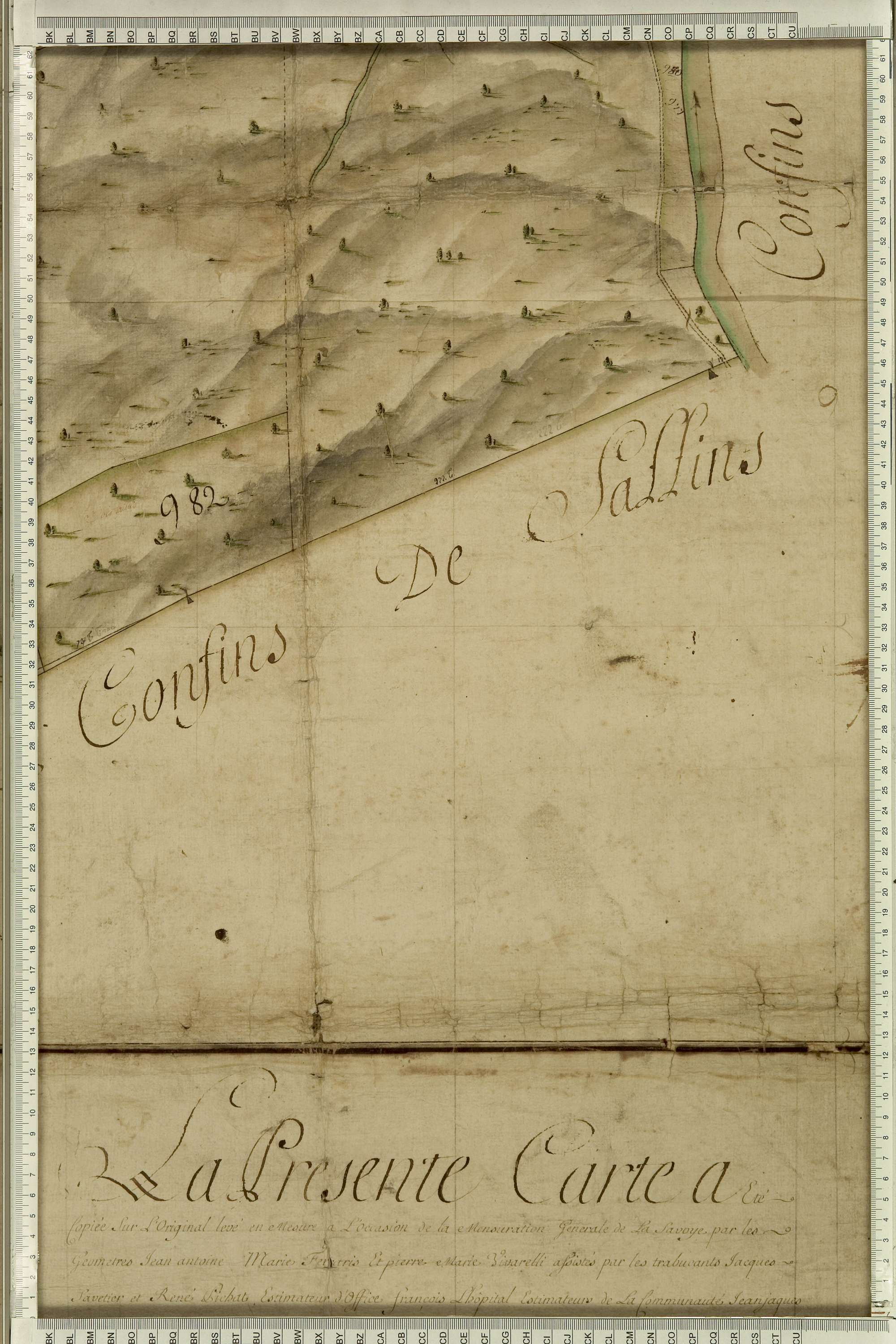 Aigueblanche - Copie de la mappe originale (plan cadastral) de la commune du Bois, dans laquelle sont figurées et numérotées les 1465 parcelles qui composent le territoire de la commune. Signée Cocelli, directeur du bureau de la péréquation. (La mappe ori