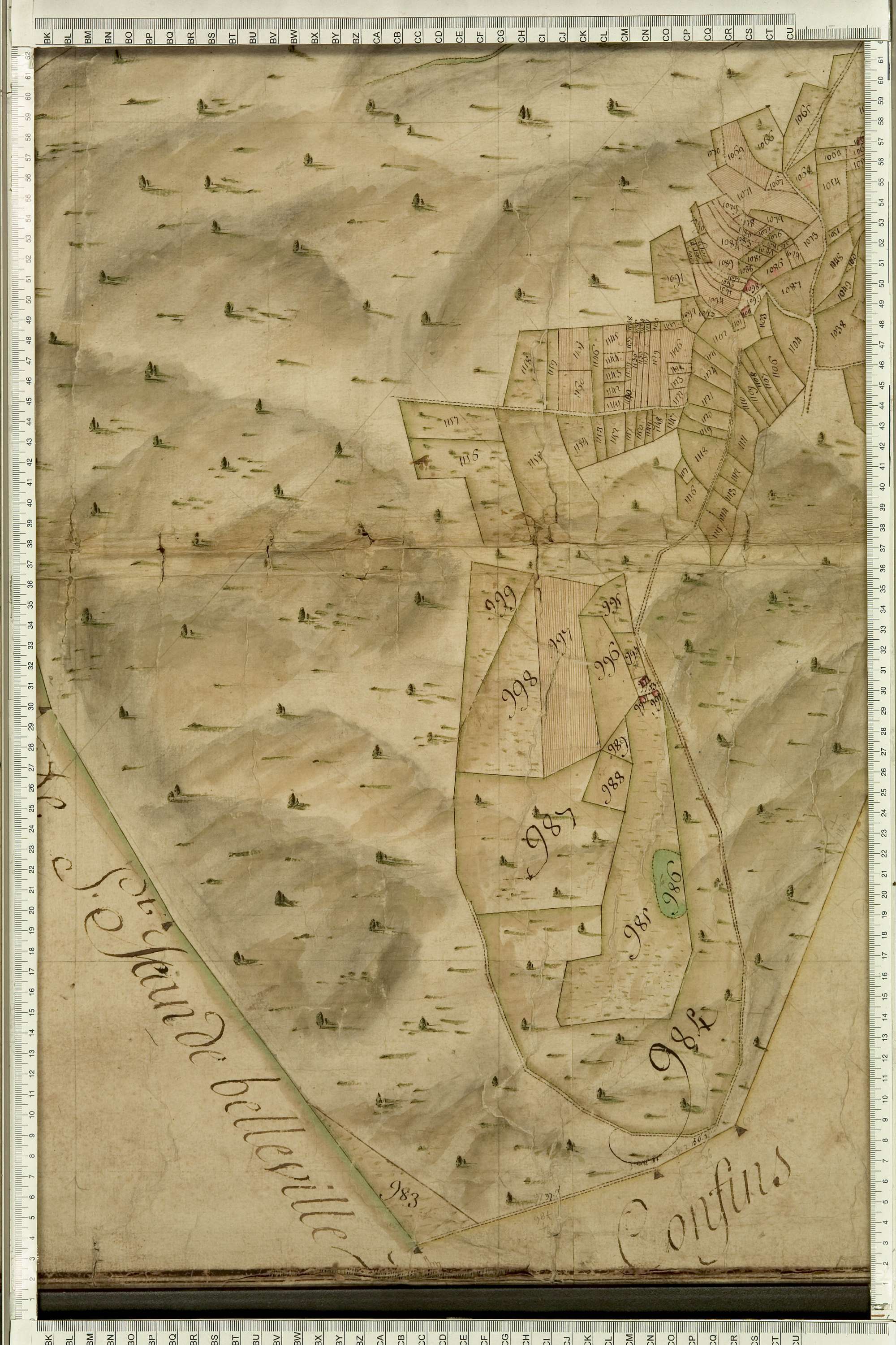 Aigueblanche - Copie de la mappe originale (plan cadastral) de la commune du Bois, dans laquelle sont figurées et numérotées les 1465 parcelles qui composent le territoire de la commune. Signée Cocelli, directeur du bureau de la péréquation. (La mappe ori