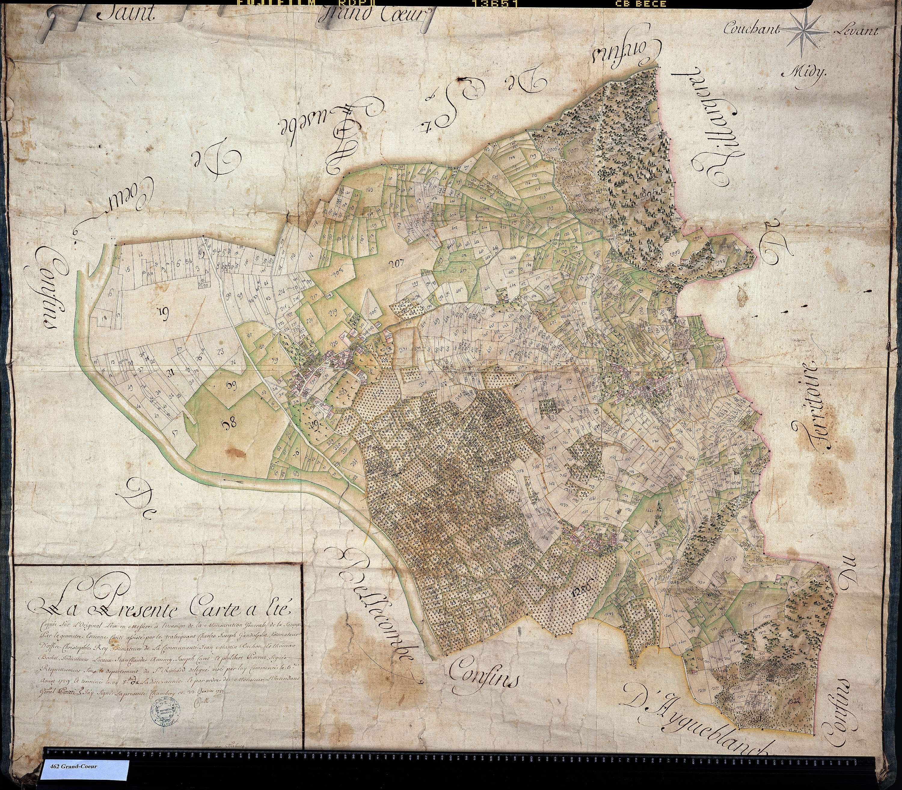 Aigueblanche - Copie de la mappe originale (plan cadastral) de la commune de Grand-Coeur (Saint-Thomas-de-Coeur). Signée Cocelli, directeur de la péréquation.