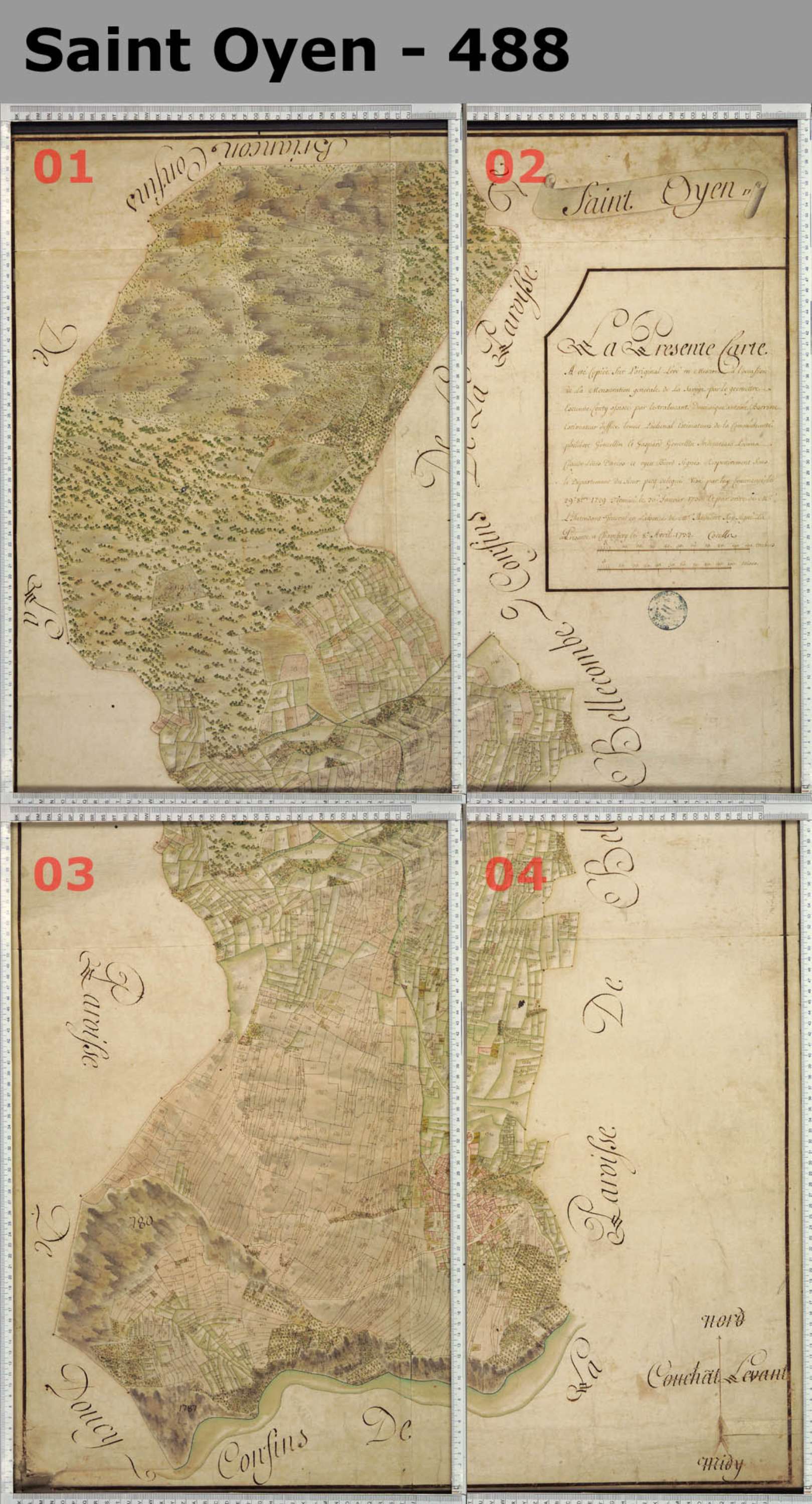 Aigueblanche - Copie de la mappe originale (plan cadastral) de la commune de Saint-Oyen. Signée Cocelli, directeur de la péréquation générale.