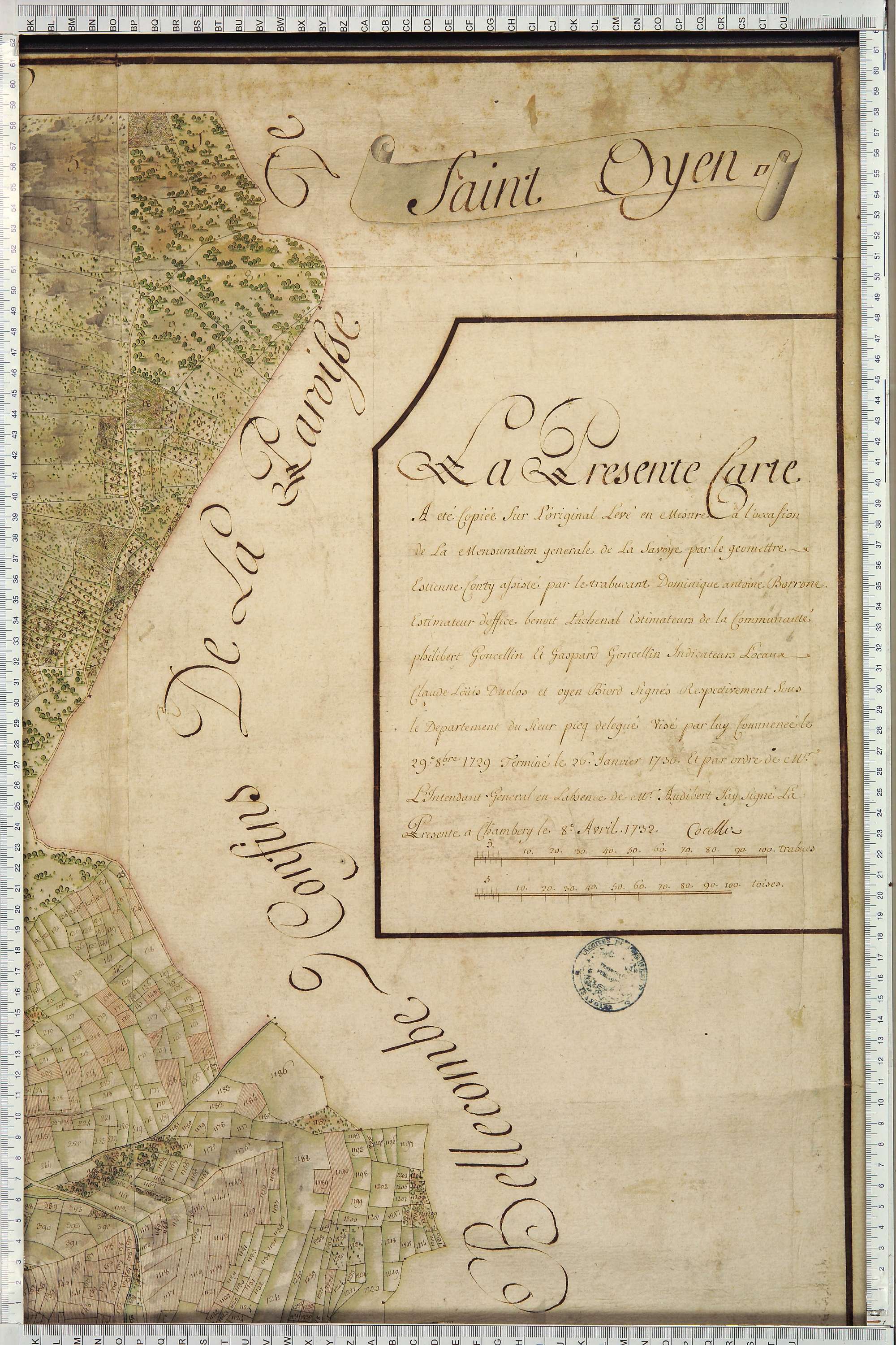 Aigueblanche - Copie de la mappe originale (plan cadastral) de la commune de Saint-Oyen. Signée Cocelli, directeur de la péréquation générale.
