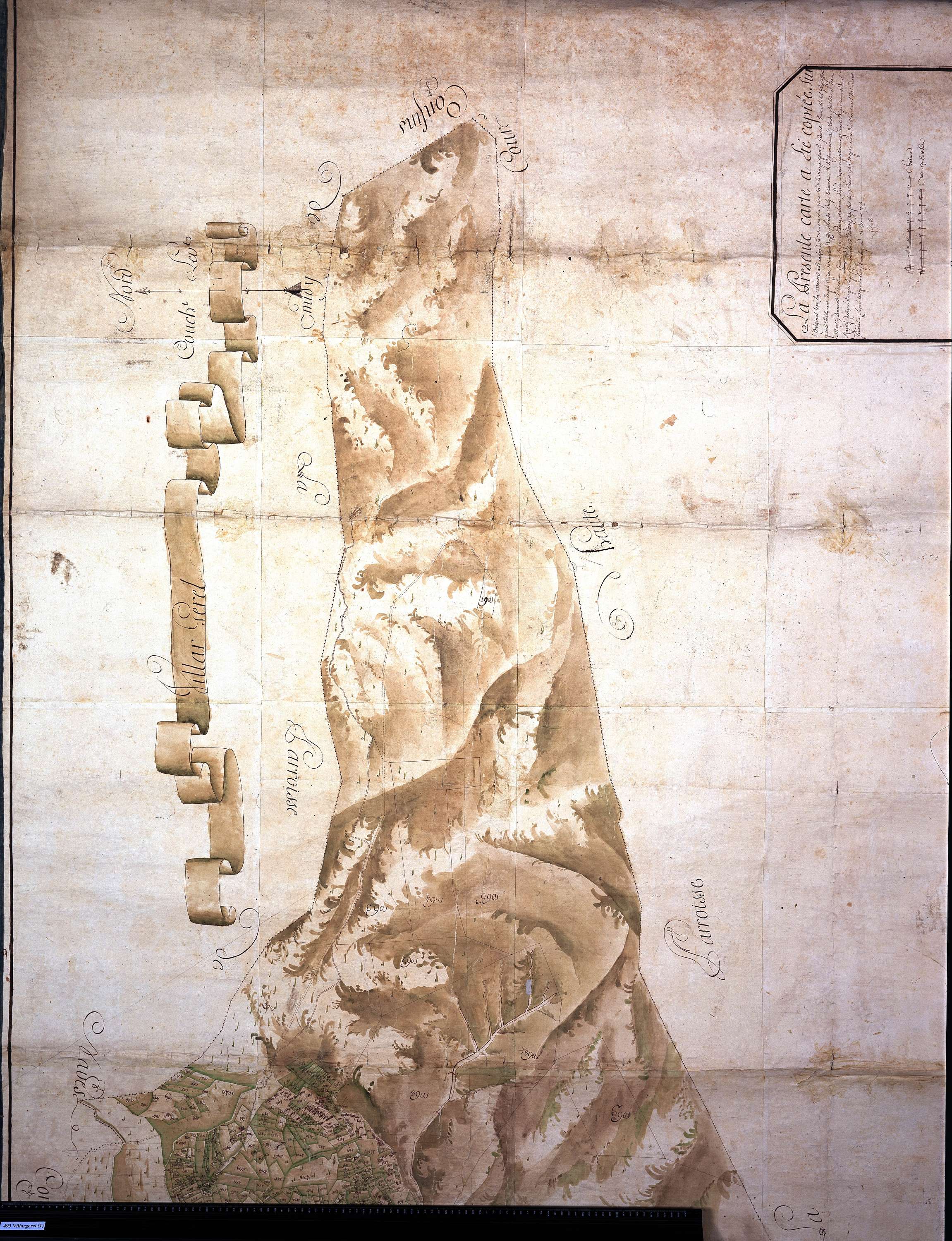 Aigueblanche - Copie de la mappe originale (plan cadastral) de la commune de Villargerel. Signée Cocelli, directeur de la péréquation.