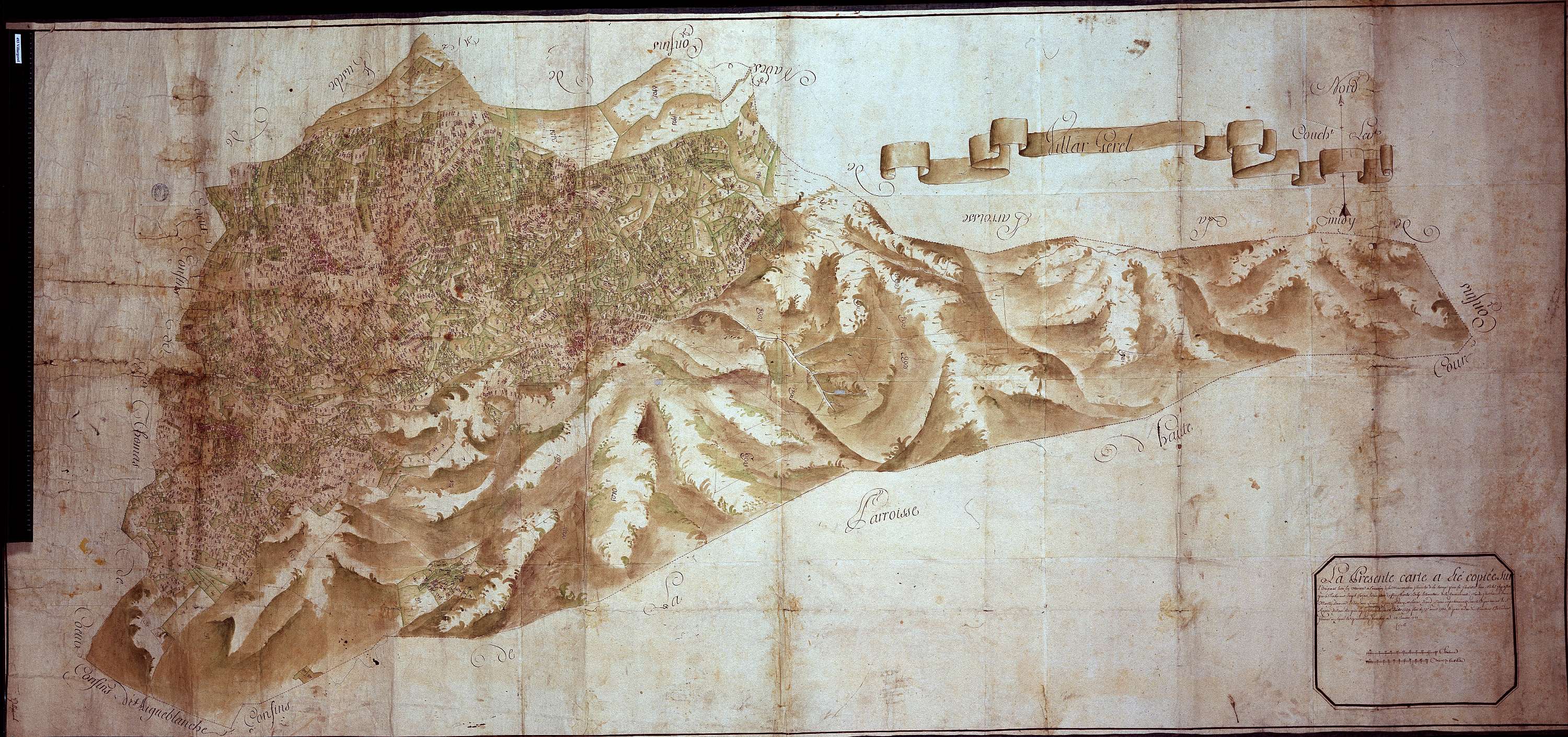 Aigueblanche - Copie de la mappe originale (plan cadastral) de la commune de Villargerel. Signée Cocelli, directeur de la péréquation.