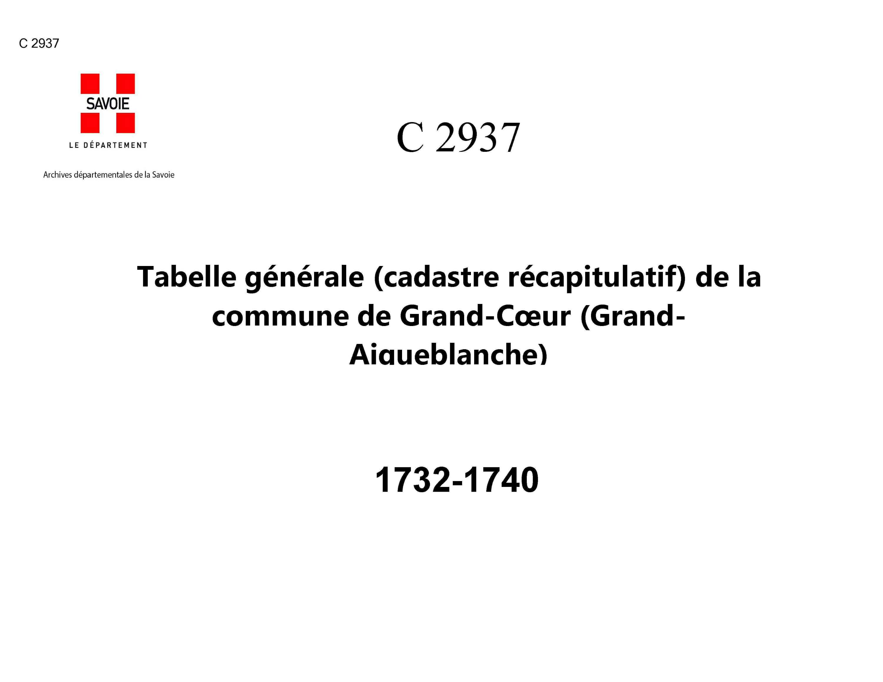 Aigueblanche - Tabelle générale (cadastre récapitulatif) de la commune de Grand-Cœur (Saint-Thomas-de-Cœur), contenant, outre les éléments du cadastre primitif, le degré de bonté, les augmentations et les déductions et la cote de la taille. - Réclamation 