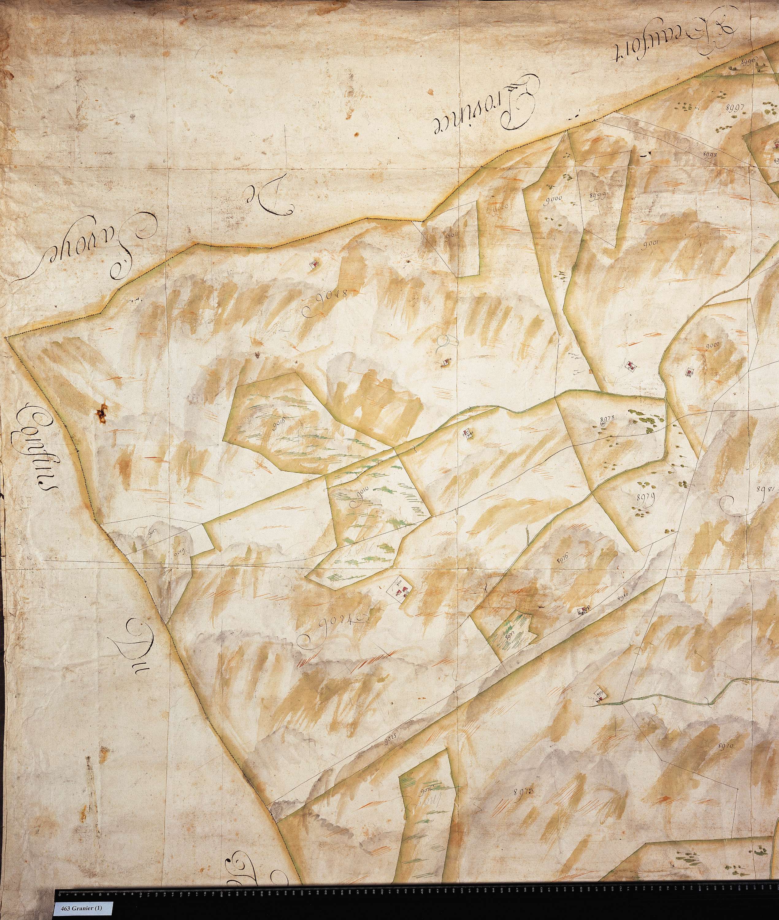 Aime - Copie de la mappe originale (plan cadastral) de la commune de Granier. Signée Cocelli, directeur de la péréquation.