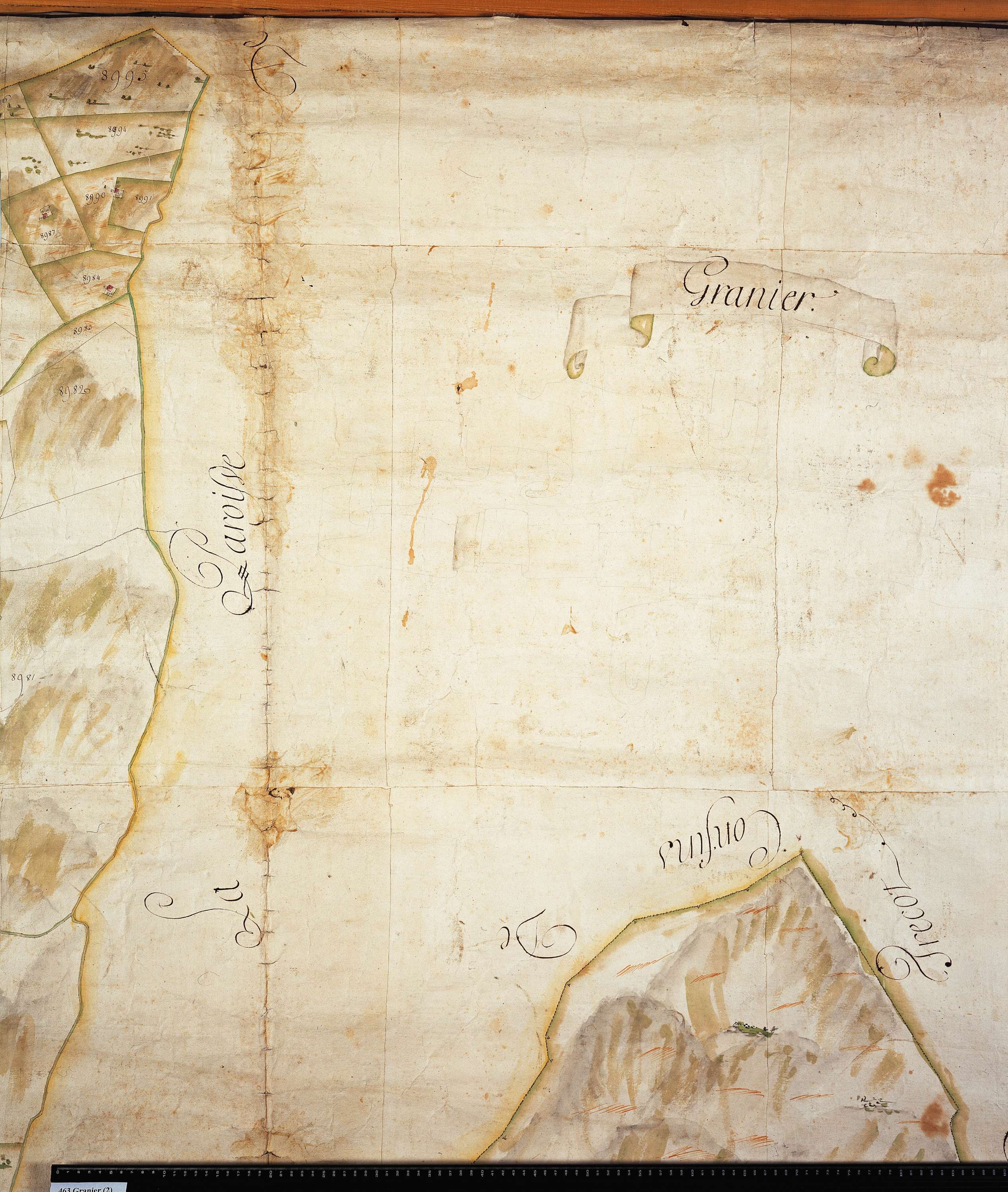 Aime - Copie de la mappe originale (plan cadastral) de la commune de Granier. Signée Cocelli, directeur de la péréquation.