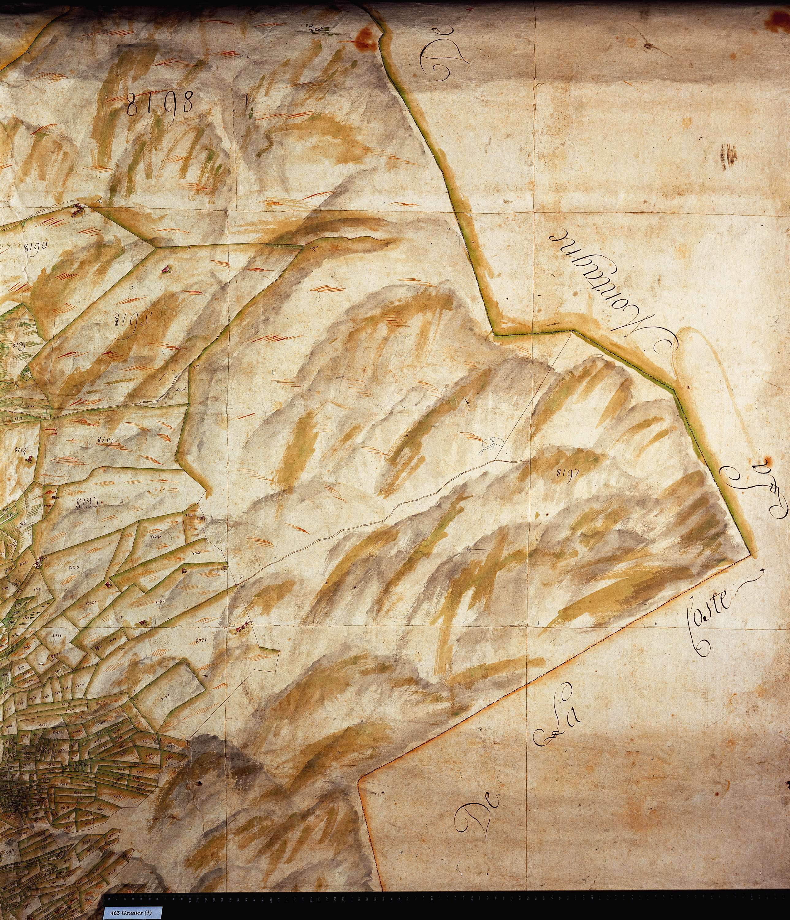 Aime - Copie de la mappe originale (plan cadastral) de la commune de Granier. Signée Cocelli, directeur de la péréquation.