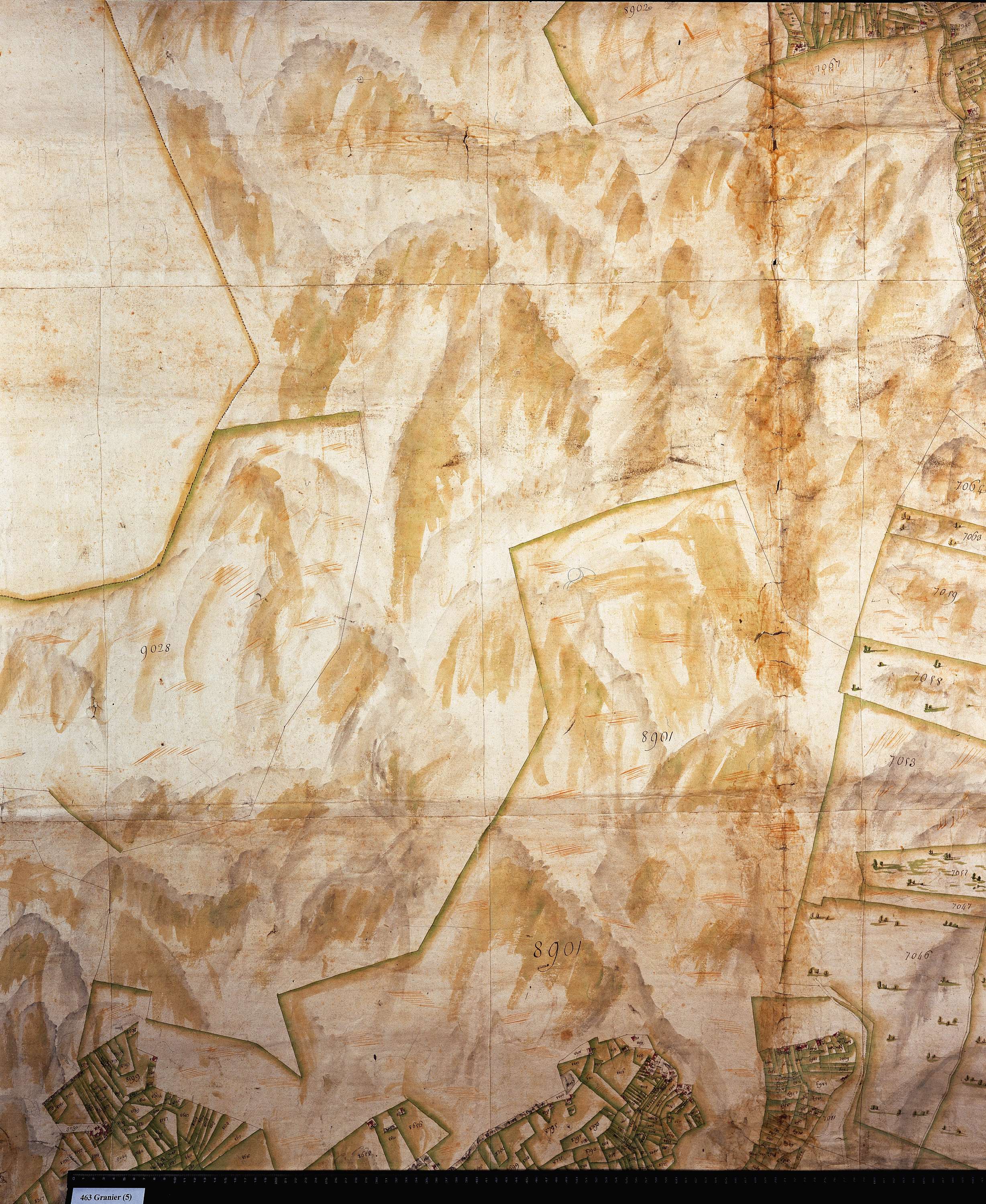 Aime - Copie de la mappe originale (plan cadastral) de la commune de Granier. Signée Cocelli, directeur de la péréquation.