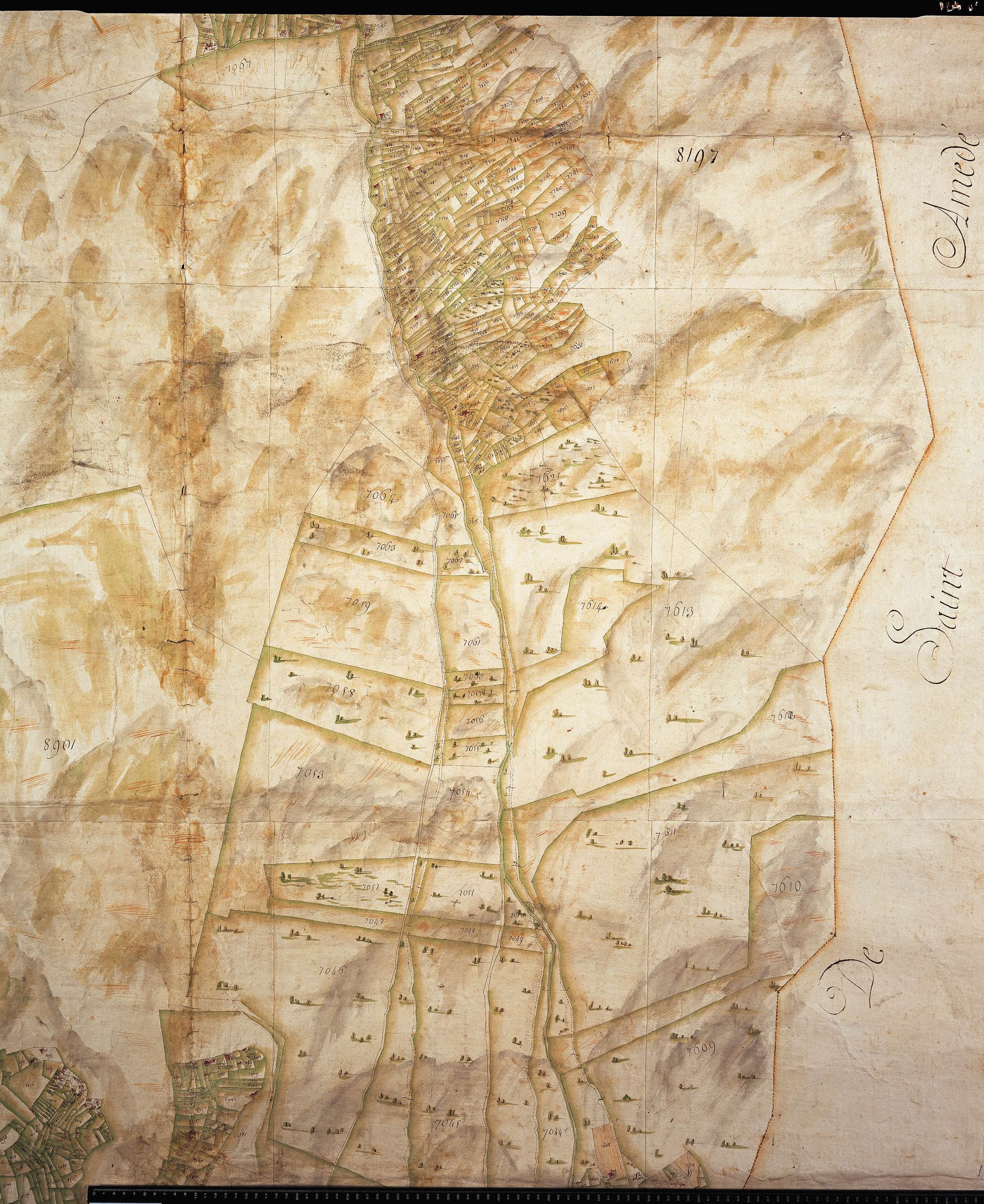 Aime - Copie de la mappe originale (plan cadastral) de la commune de Granier. Signée Cocelli, directeur de la péréquation.