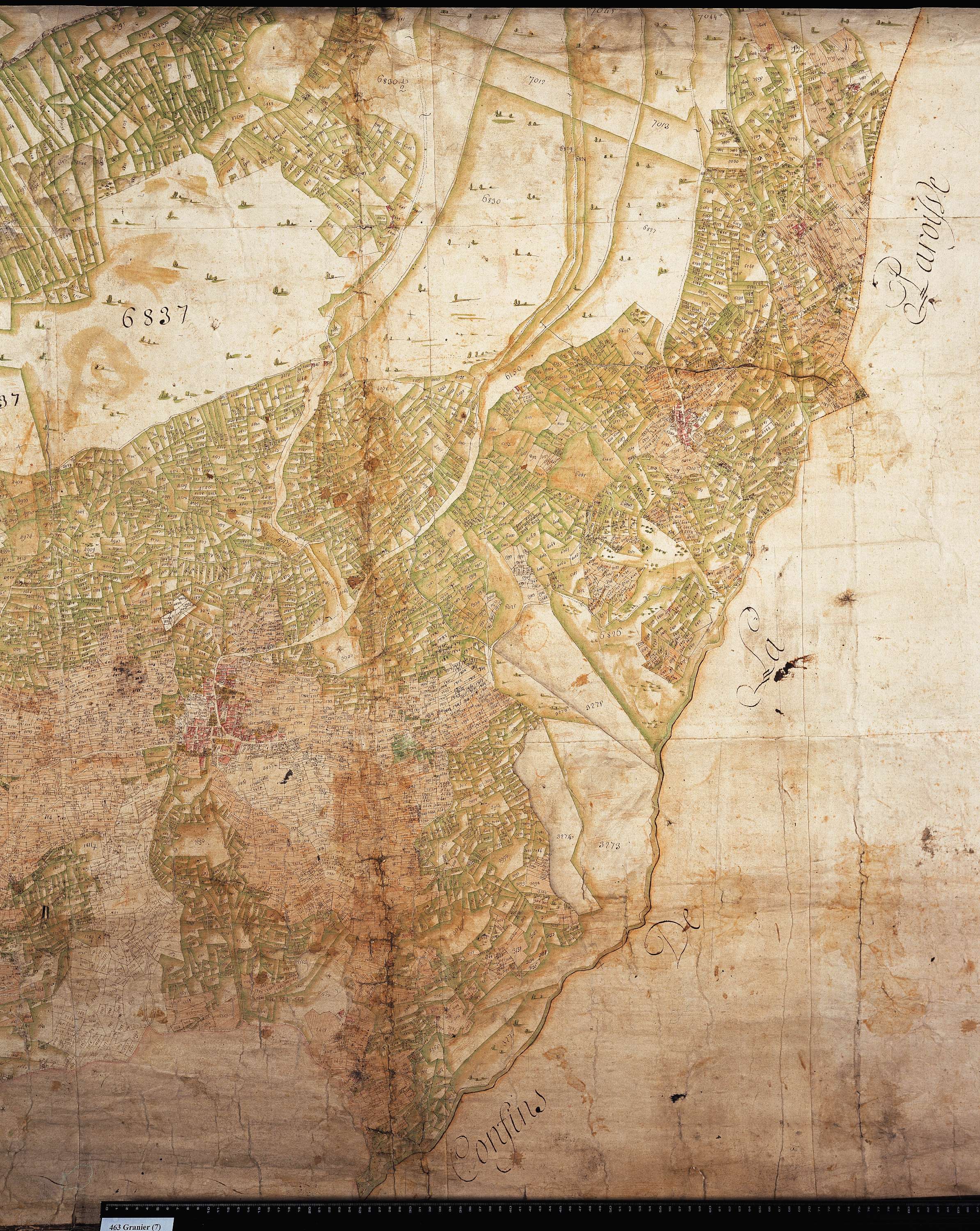 Aime - Copie de la mappe originale (plan cadastral) de la commune de Granier. Signée Cocelli, directeur de la péréquation.