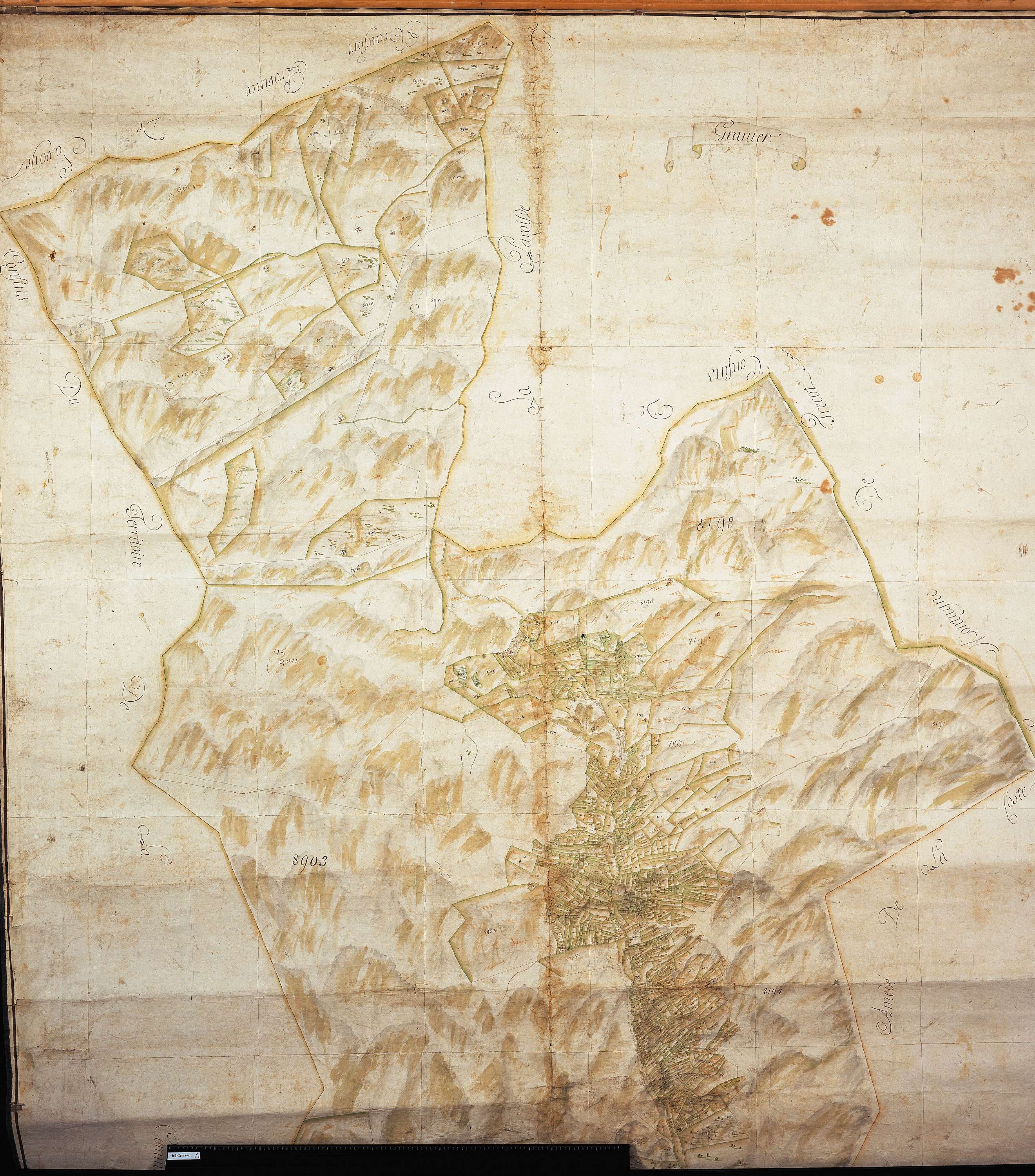 Aime - Copie de la mappe originale (plan cadastral) de la commune de Granier. Signée Cocelli, directeur de la péréquation.