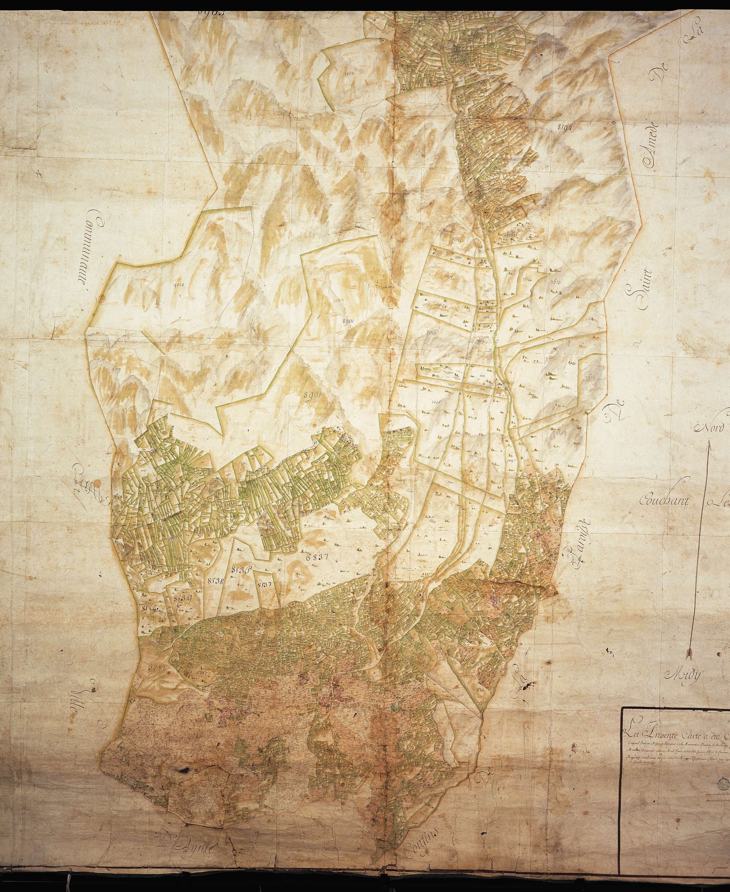 Aime - Copie de la mappe originale (plan cadastral) de la commune de Granier. Signée Cocelli, directeur de la péréquation.