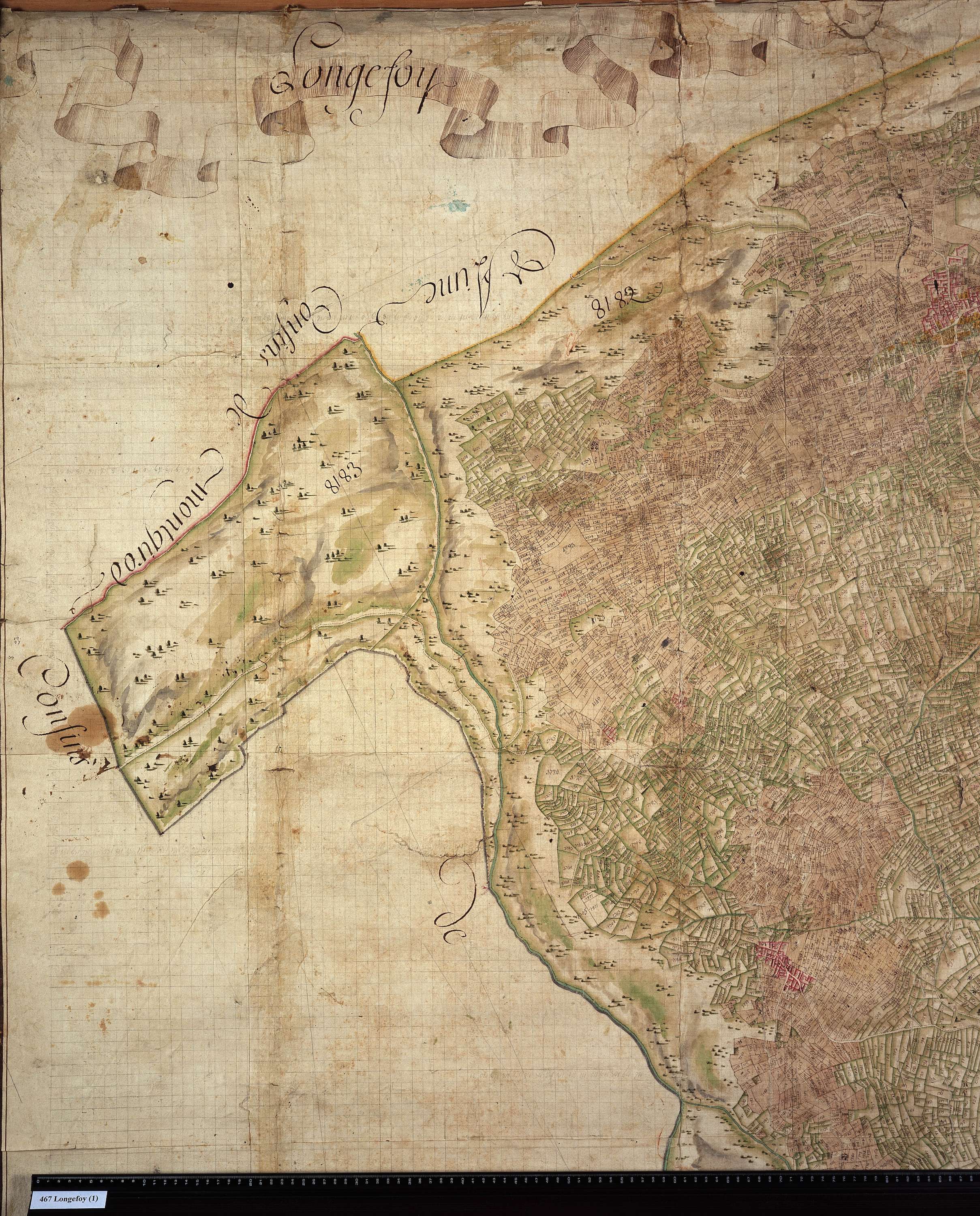Aime - Copie de la mappe originale (plan cadastral) de la commune de Longefoy. Signée Cocelli, directeur de la péréquation.